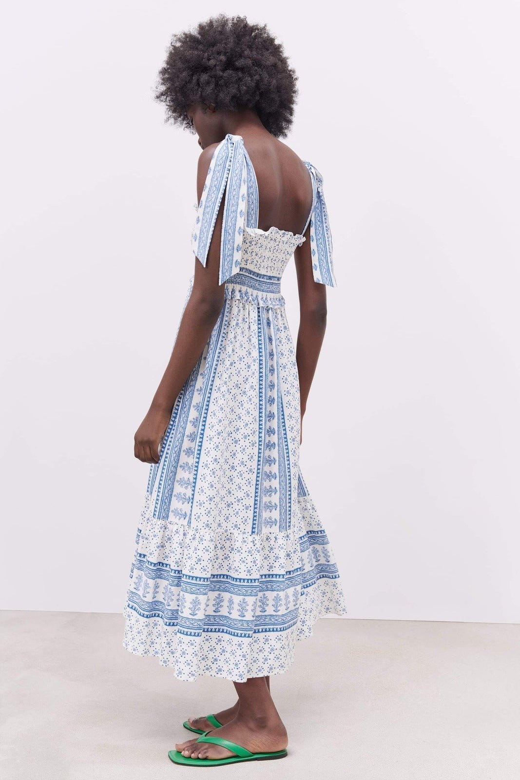 Helga Printed Shirred Strap Midi Dress-Sunfere