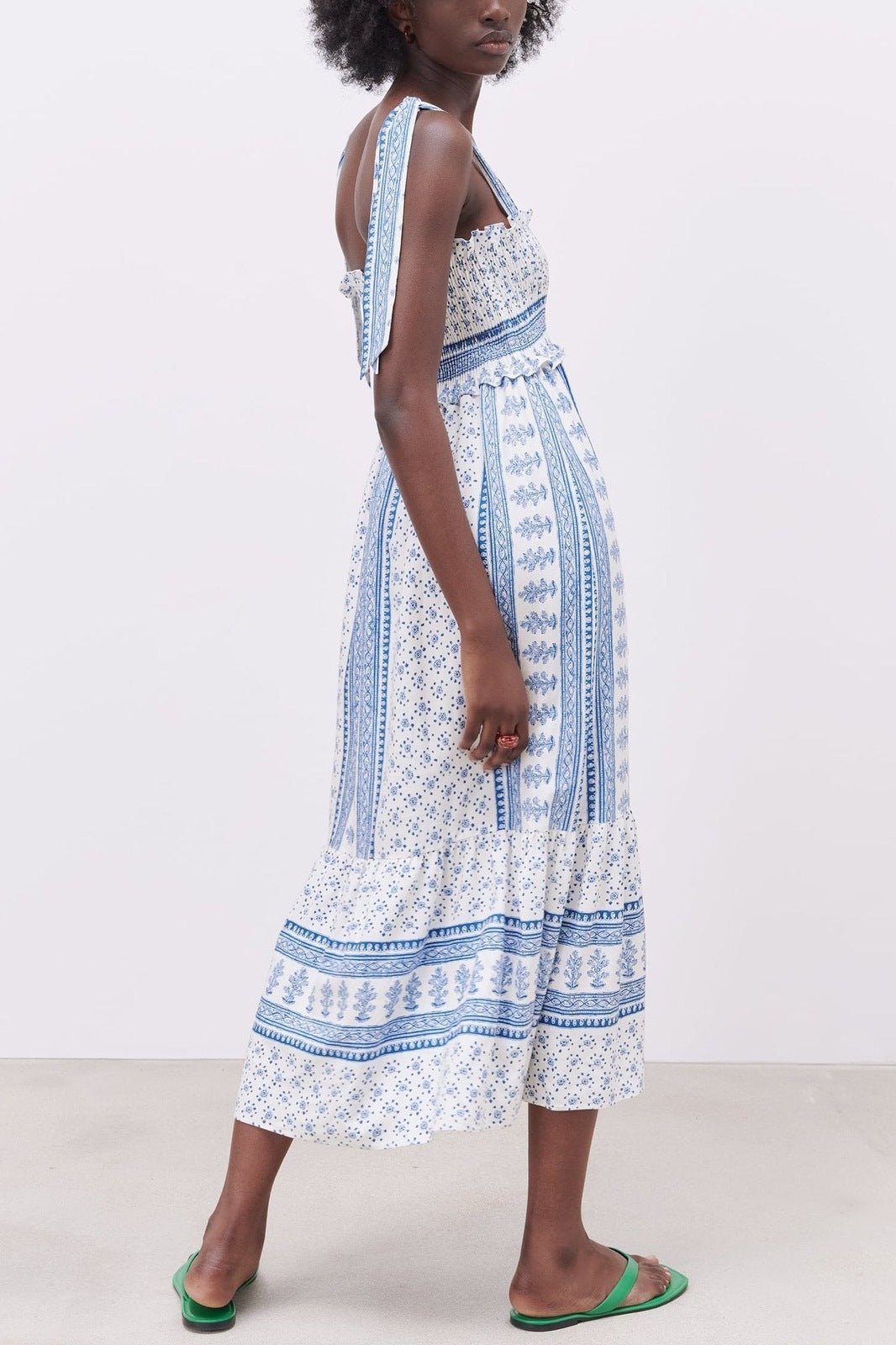 Helga Printed Shirred Strap Midi Dress-Sunfere