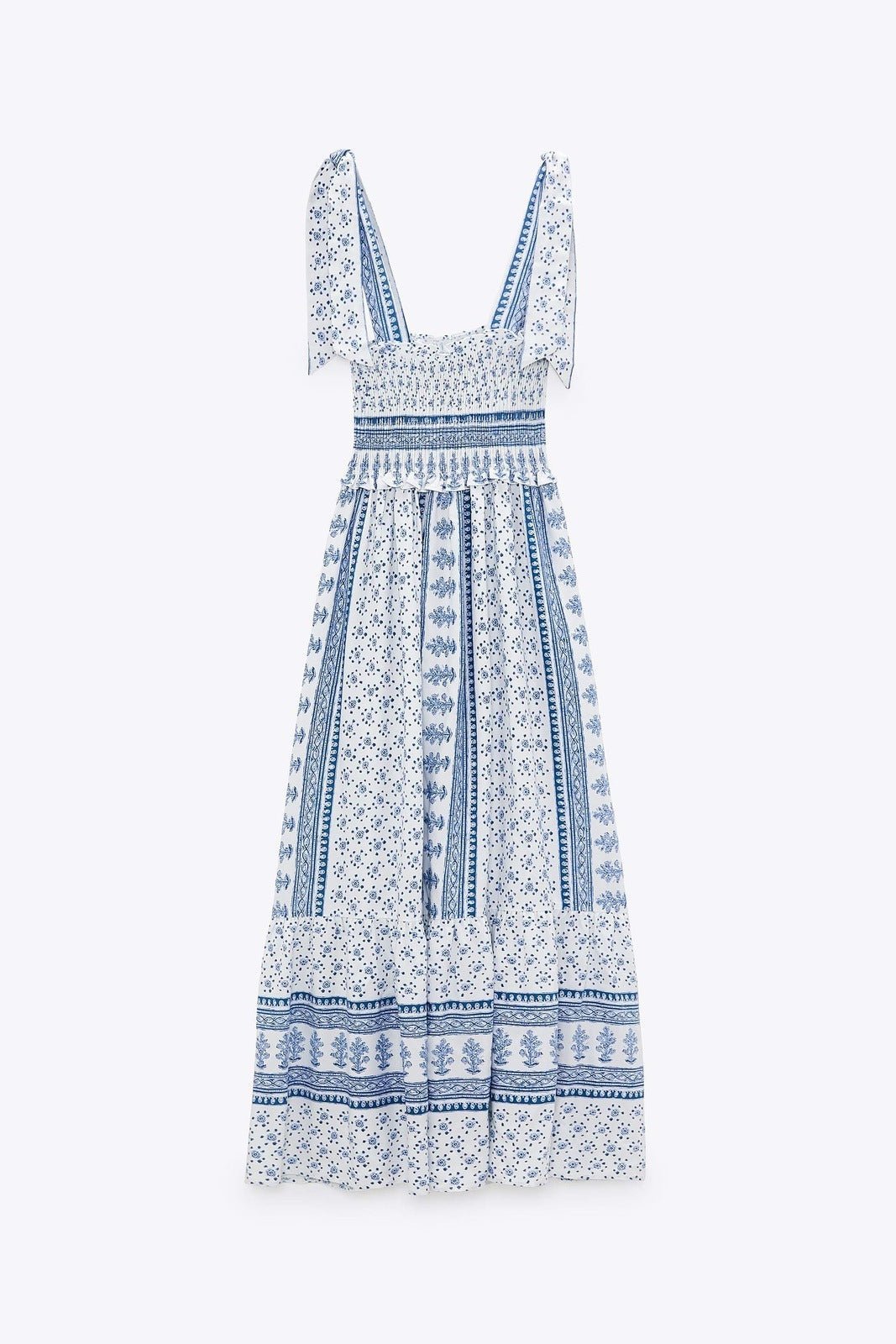 Helga Printed Shirred Strap Midi Dress-Sunfere