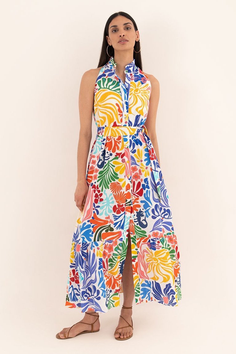 Hermosa Printed Button-up Belted Midi Dress