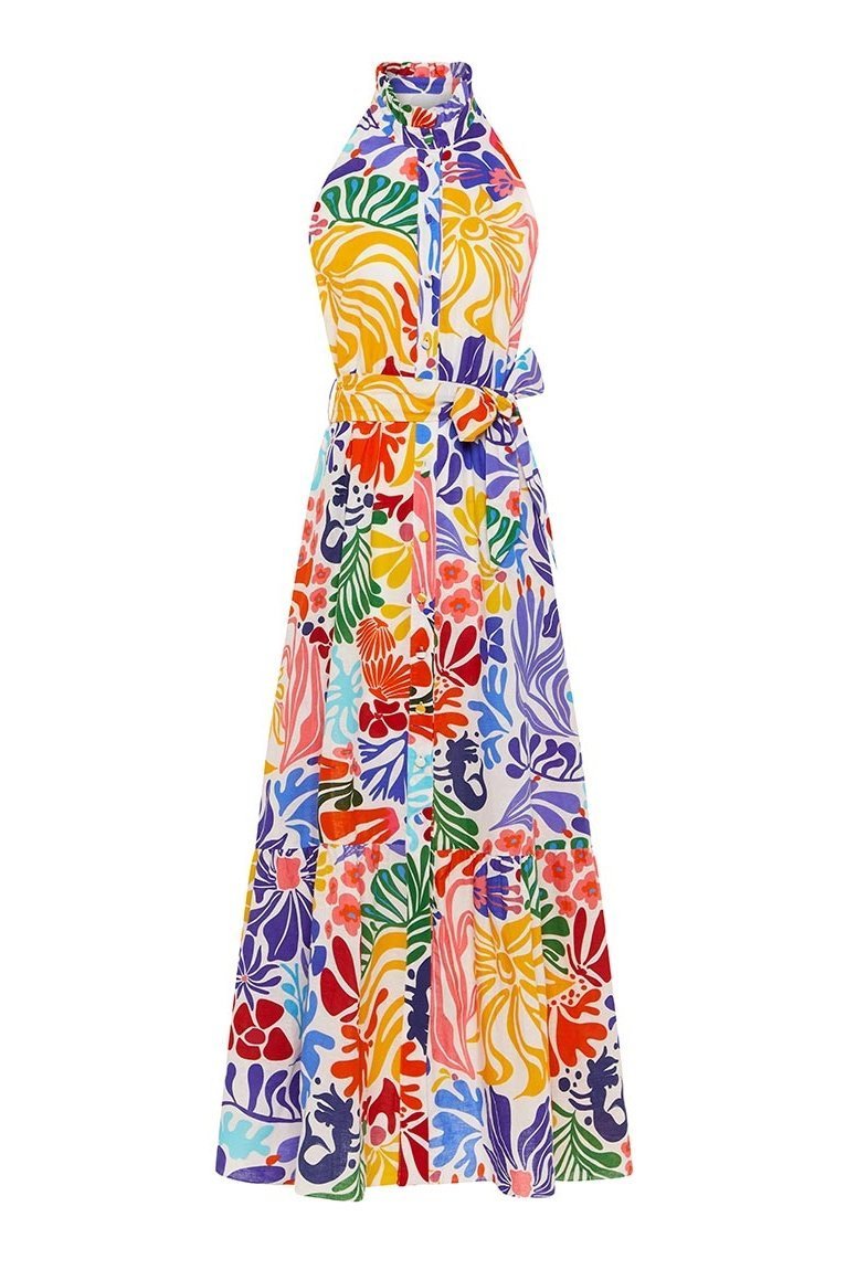 Hermosa Printed Button-up Belted Midi Dress
