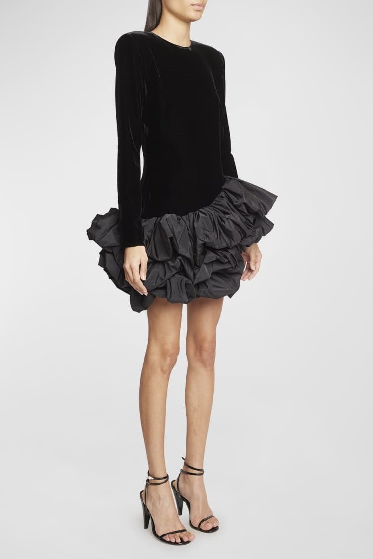 Hermosa Ruffle Asymmetric Hem Mini Velvet Dress-Sunfere