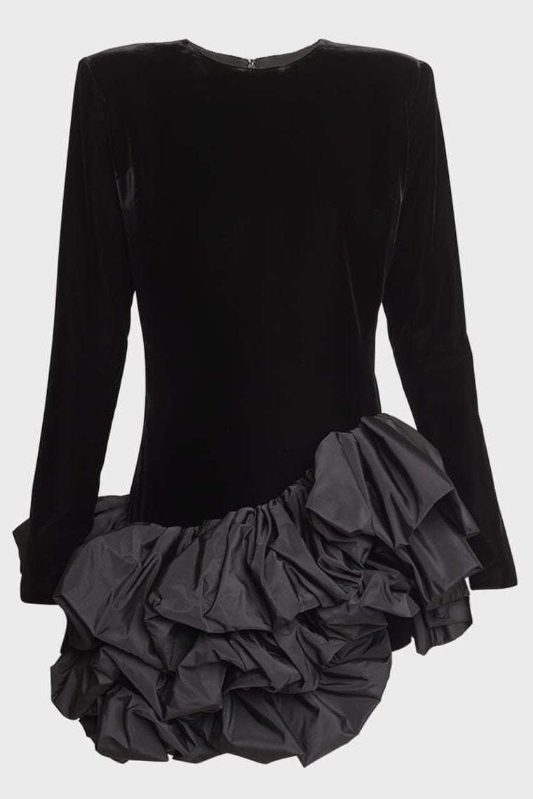 Hermosa Ruffle Asymmetric Hem Mini Velvet Dress-Sunfere