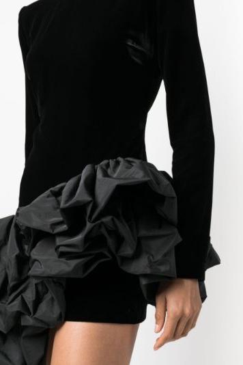 Hermosa Ruffle Asymmetric Hem Mini Velvet Dress-Sunfere