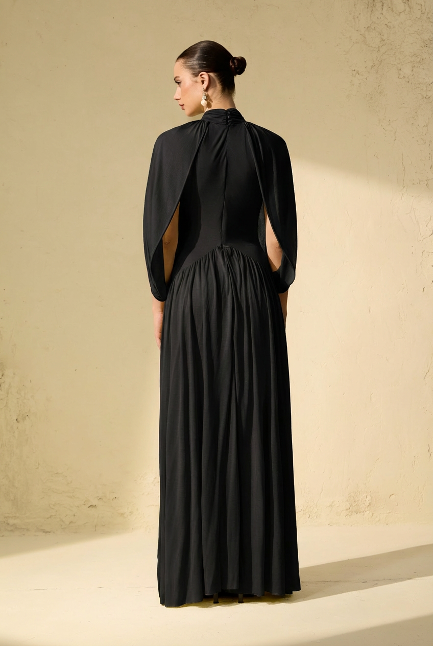Twilight Whispers Black Draped Cape Sleeve Knit Maxi Dress