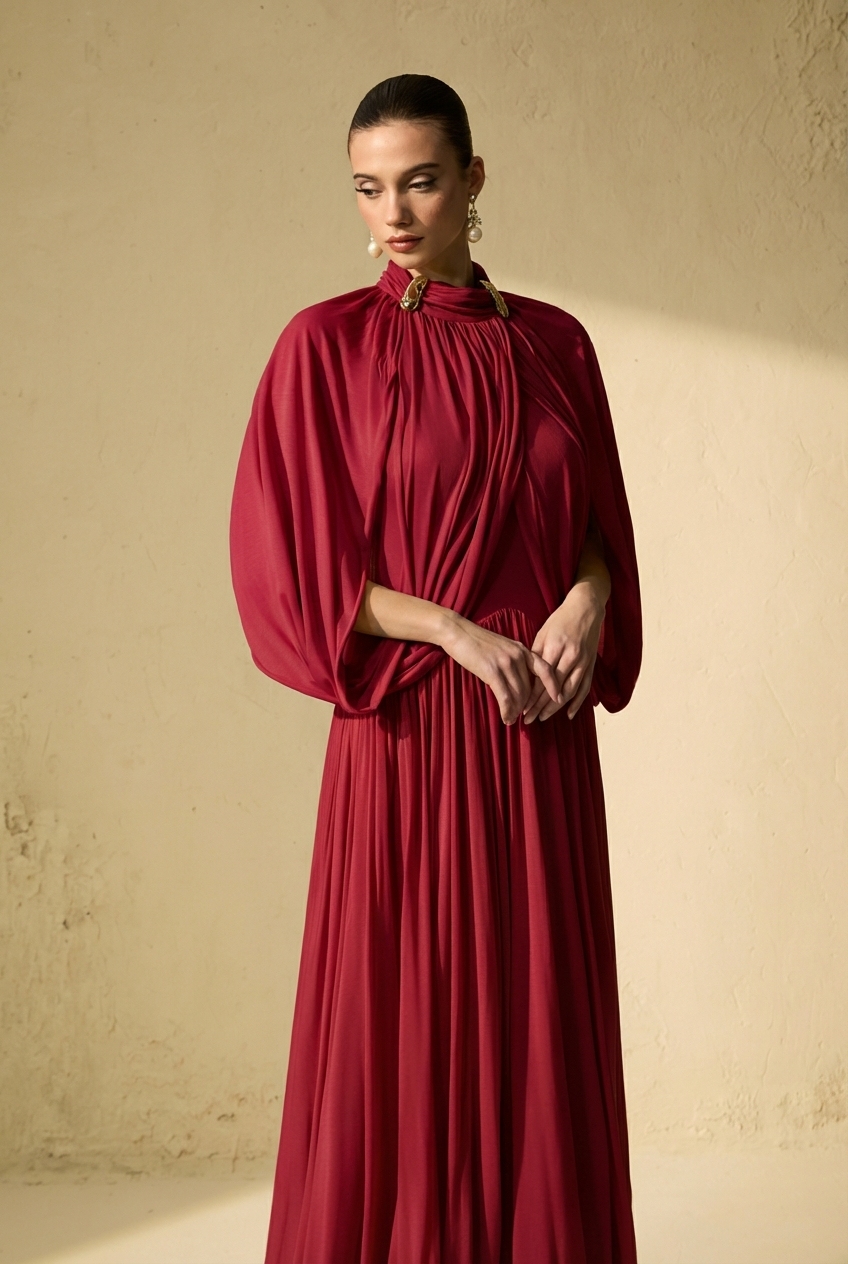 Twilight Whispers Red Draped Cape Sleeve Knit Maxi Dress