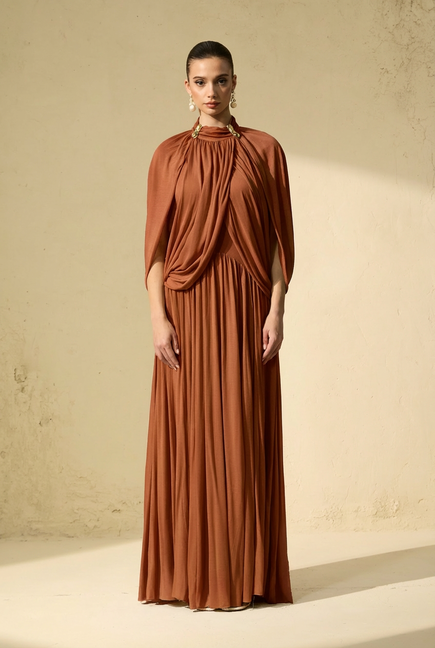 Twilight Whispers Brown Draped Cape Sleeve Knit Maxi Dress