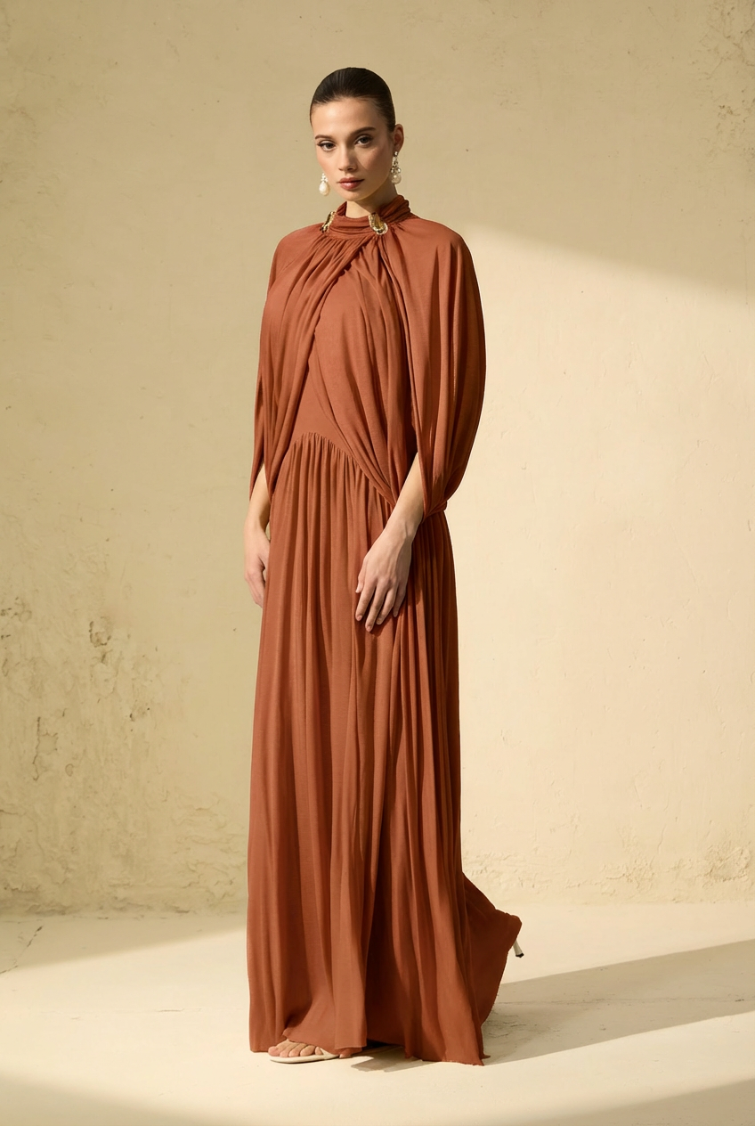 Twilight Whispers Brown Draped Cape Sleeve Knit Maxi Dress