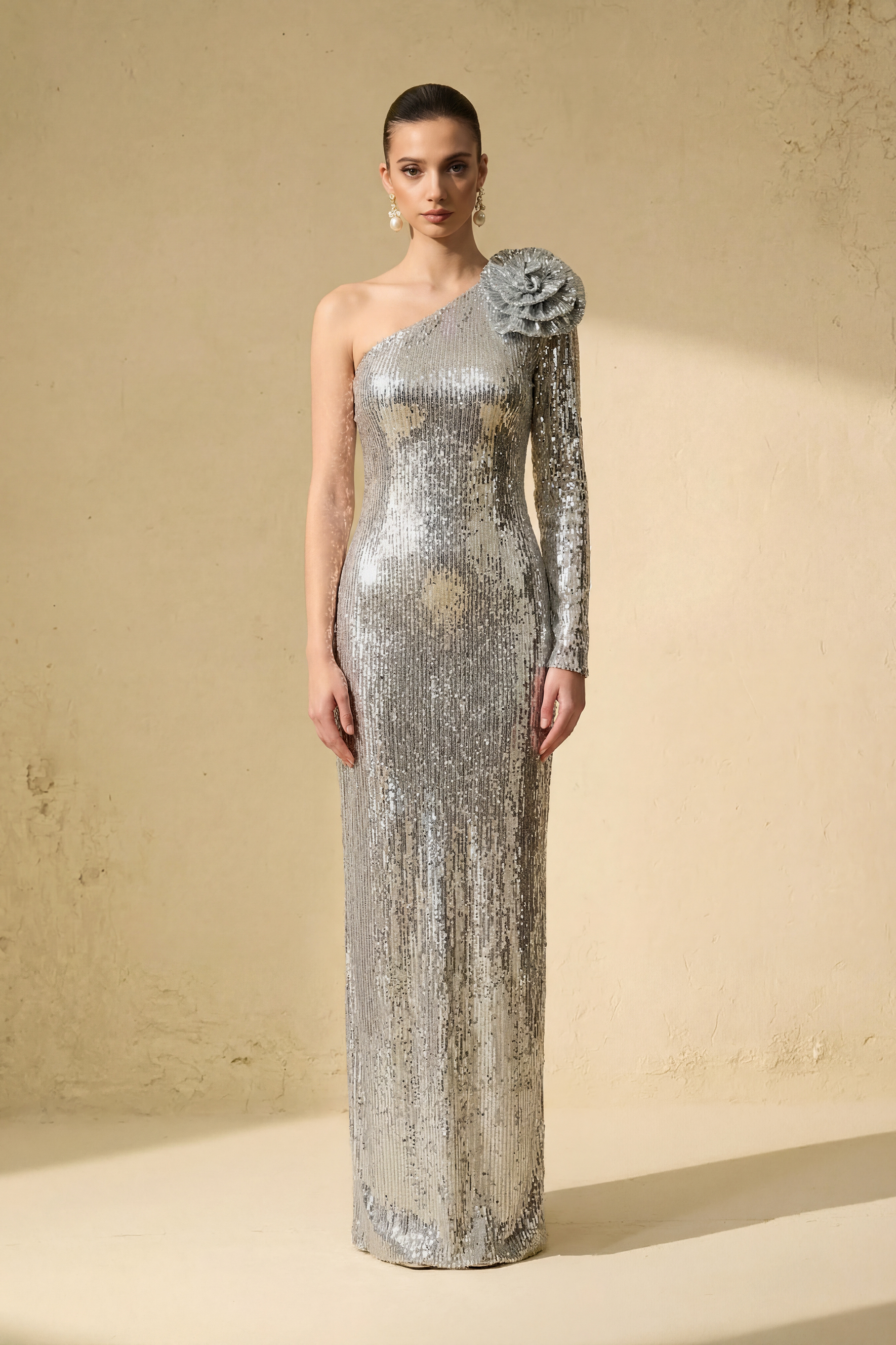 Sparkling Stunner Silver Sequin One-Shoulder Rosette Maxi Dress