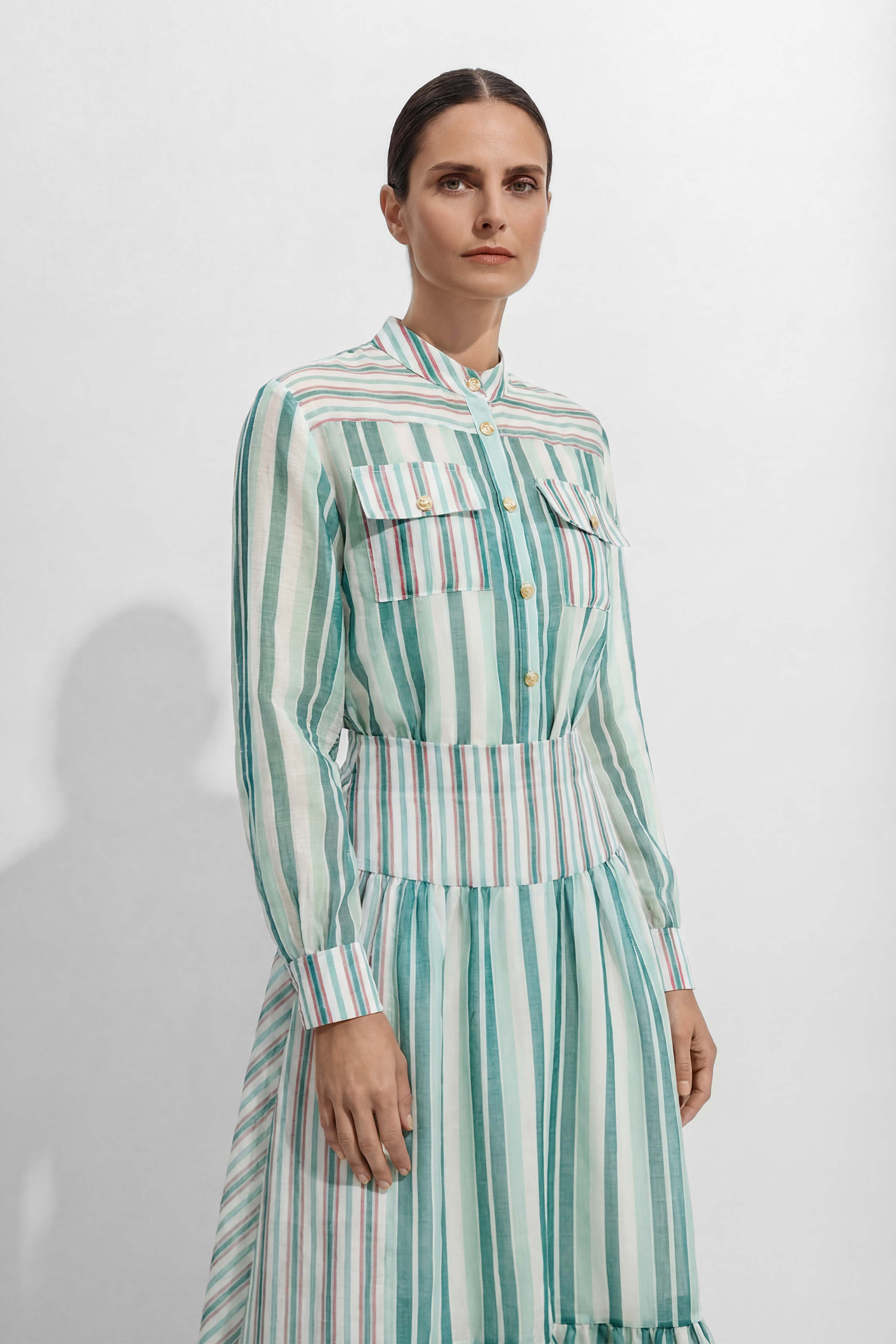 City Summer Mood Teal Striped Shirt & Tiered Skirt Set