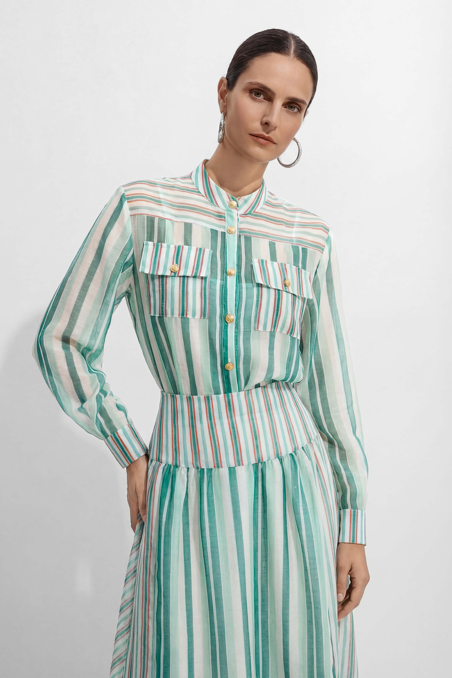 City Summer Mood Teal Striped Shirt & Tiered Skirt Set