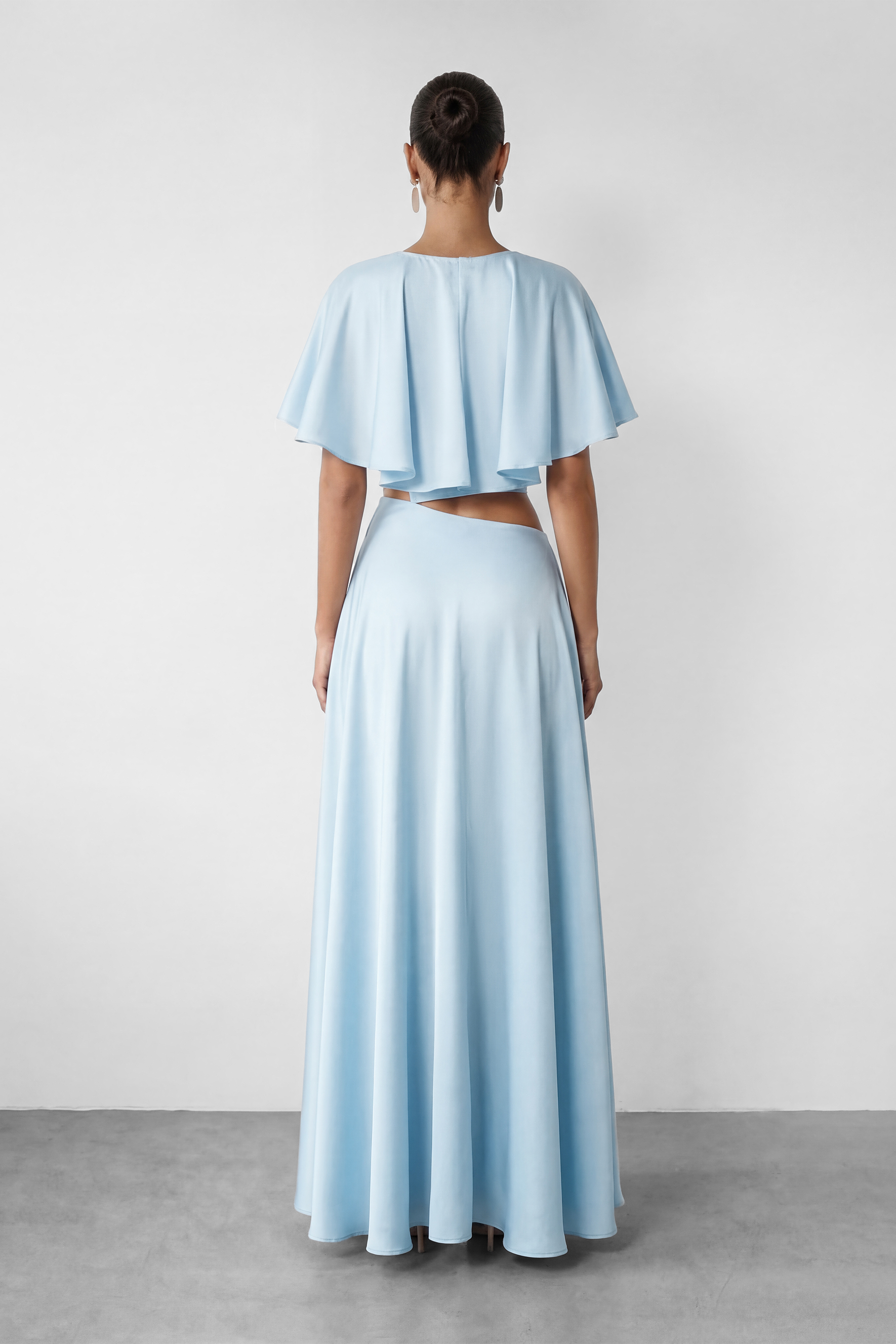 In My Dreams Light Blue Satin Ruffle Trim Top & Skirt Set