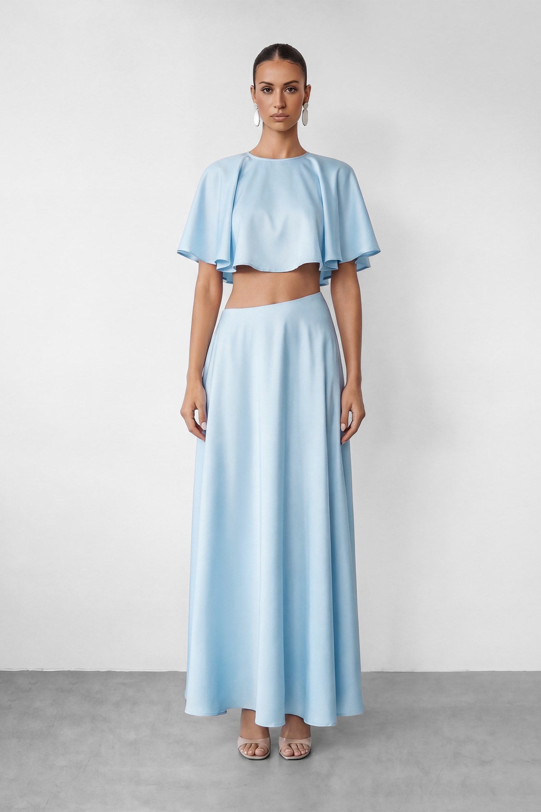 In My Dreams Light Blue Satin Ruffle Trim Top & Skirt Set