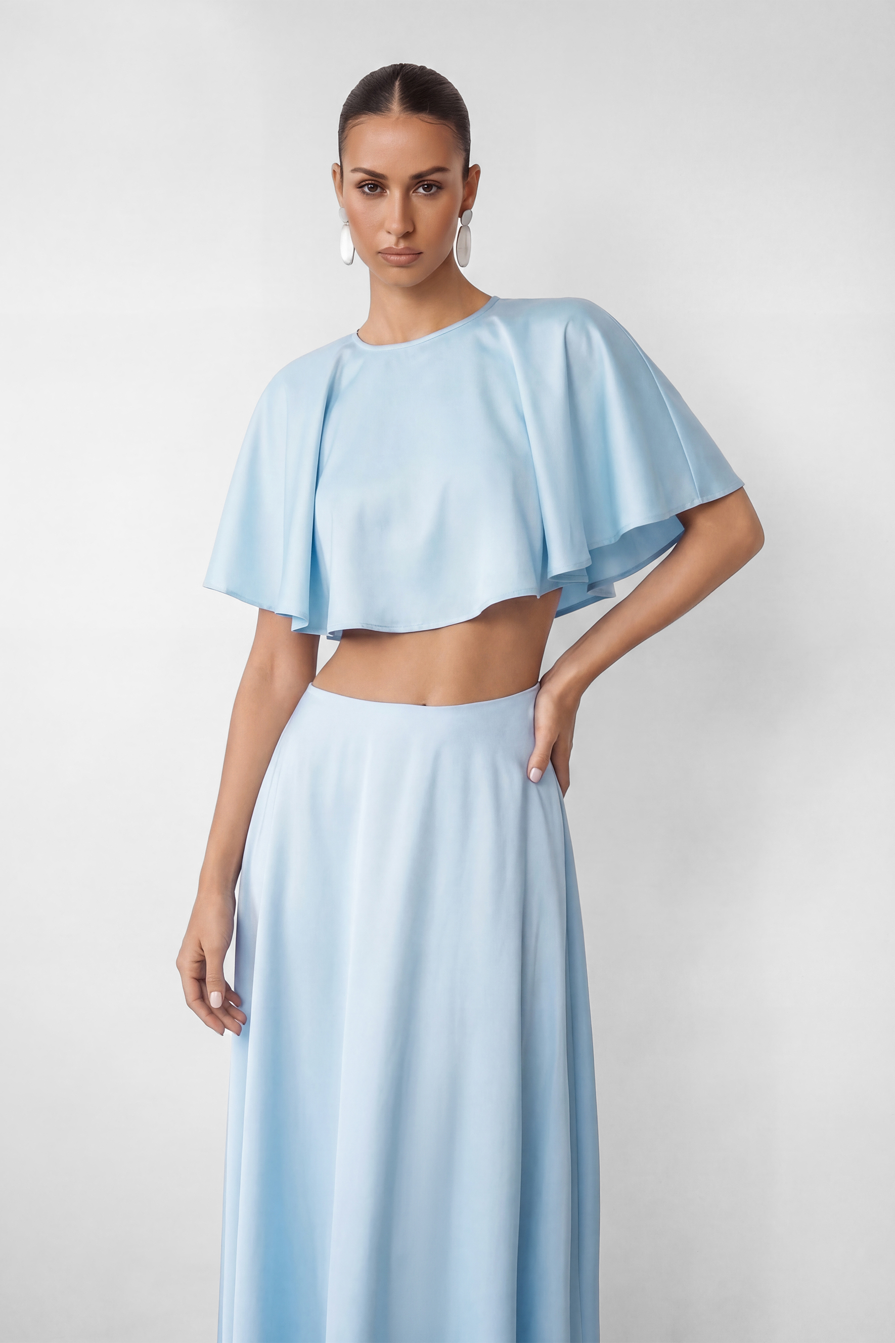 In My Dreams Light Blue Satin Ruffle Trim Top & Skirt Set