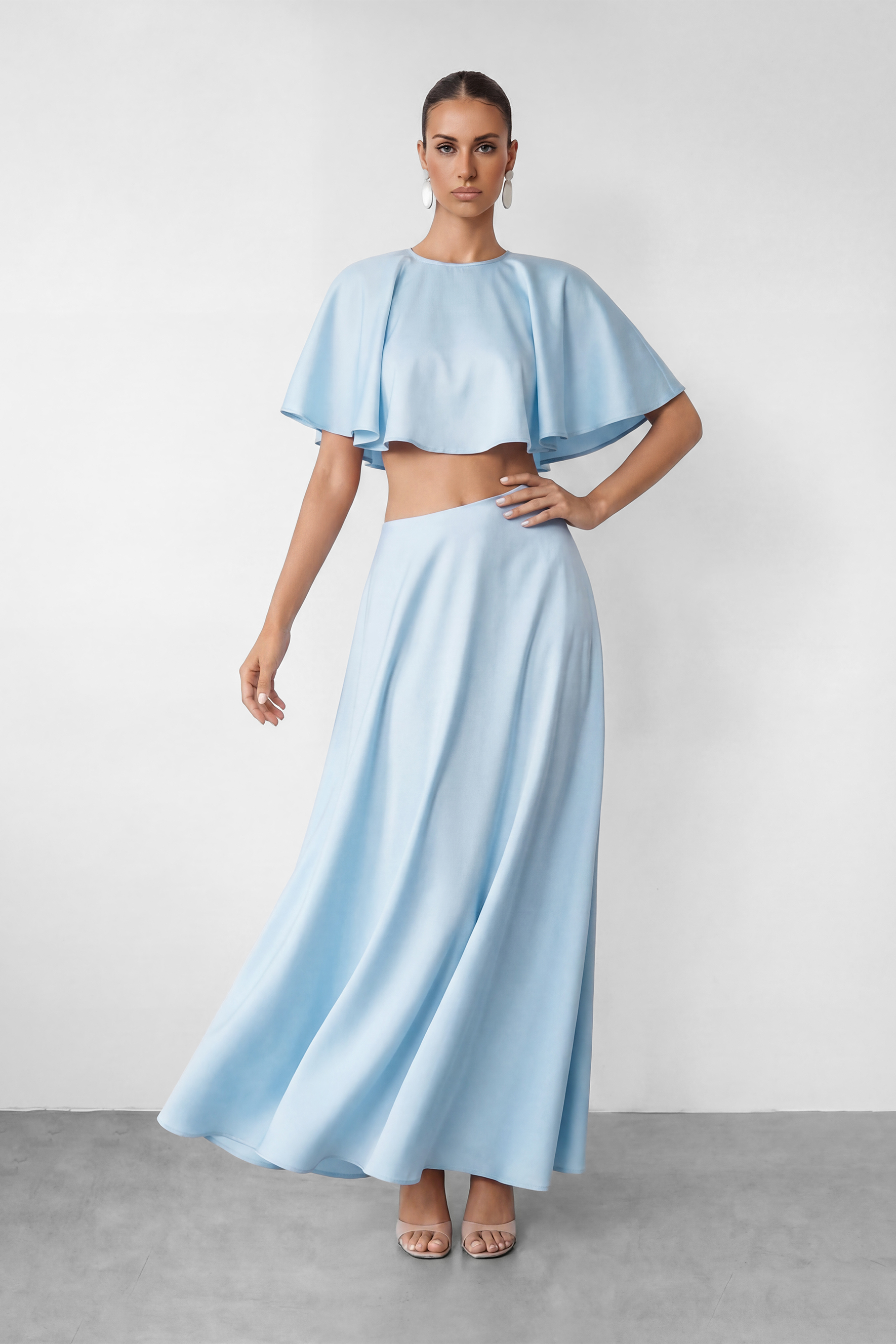 In My Dreams Light Blue Satin Ruffle Trim Top & Skirt Set