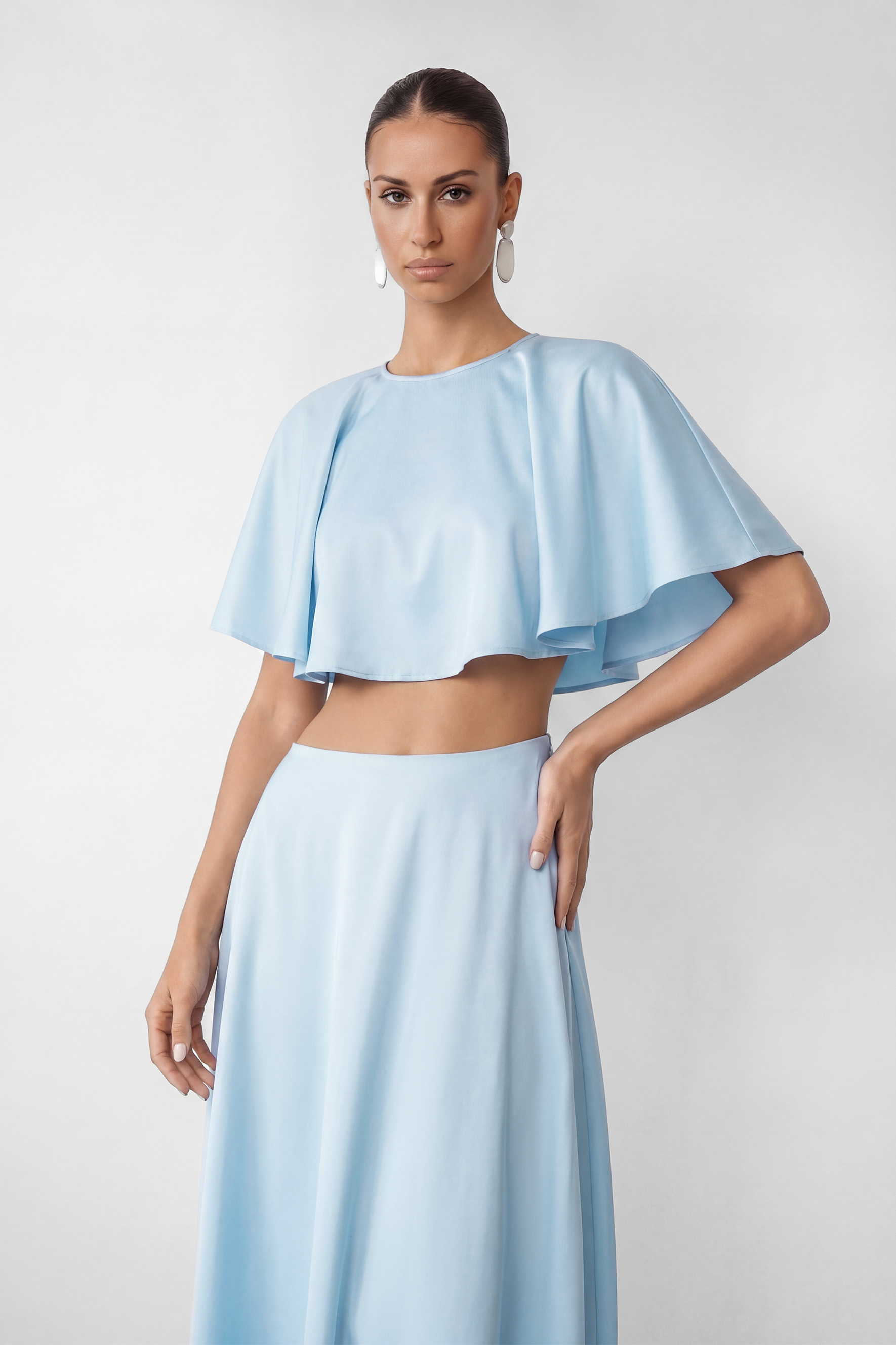 In My Dreams Light Blue Satin Ruffle Trim Top & Skirt Set