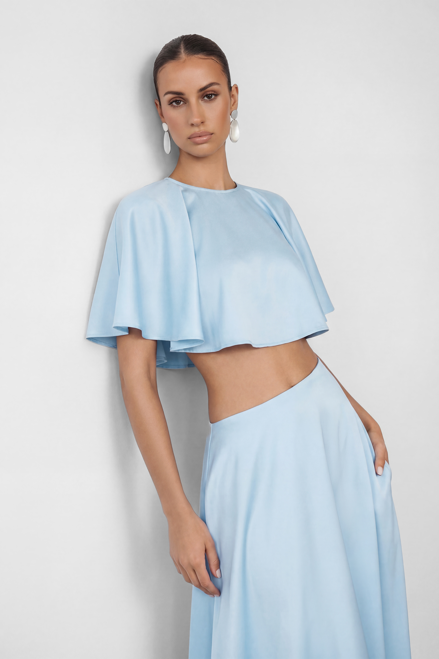 In My Dreams Light Blue Satin Ruffle Trim Top & Skirt Set