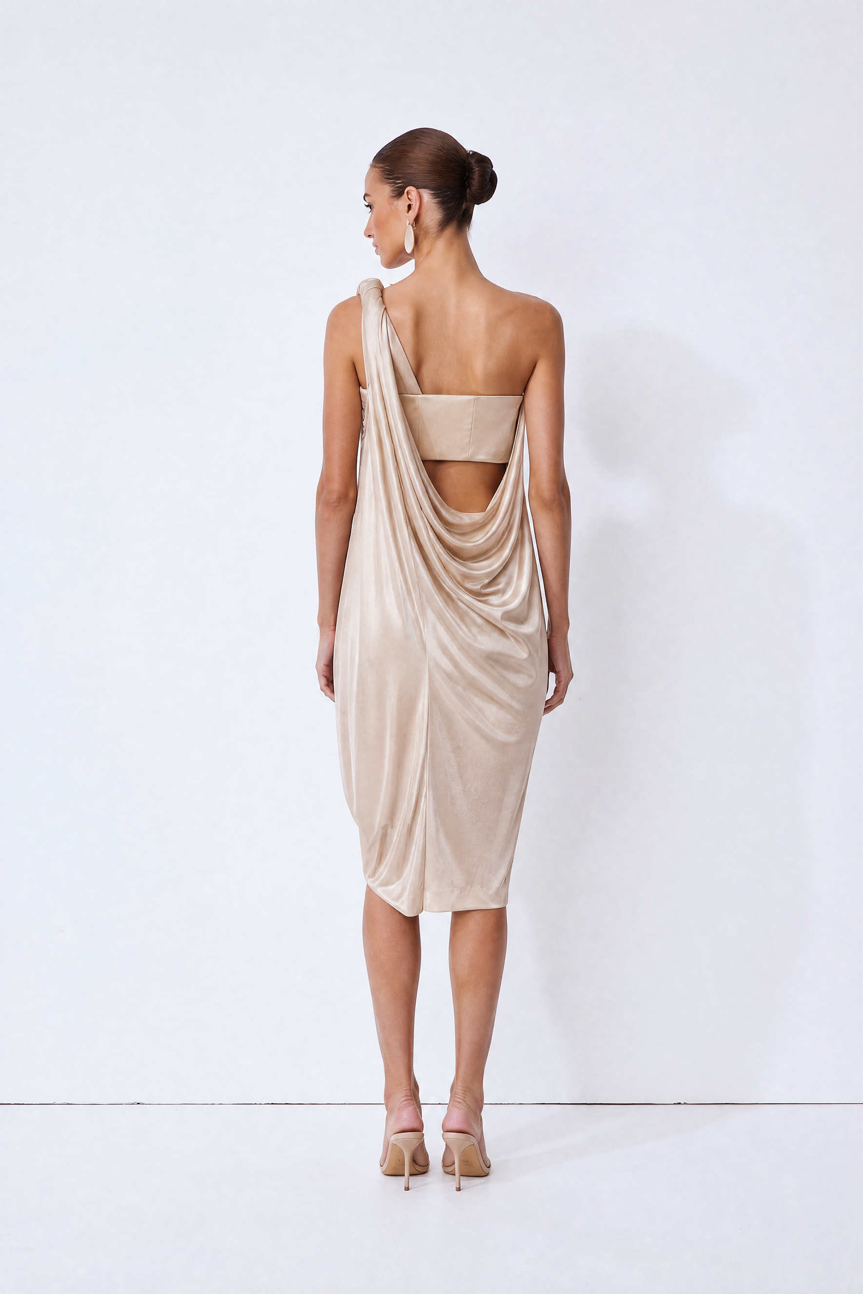 Cocktail Hour Beige Asymmetric Draped Mini Dress