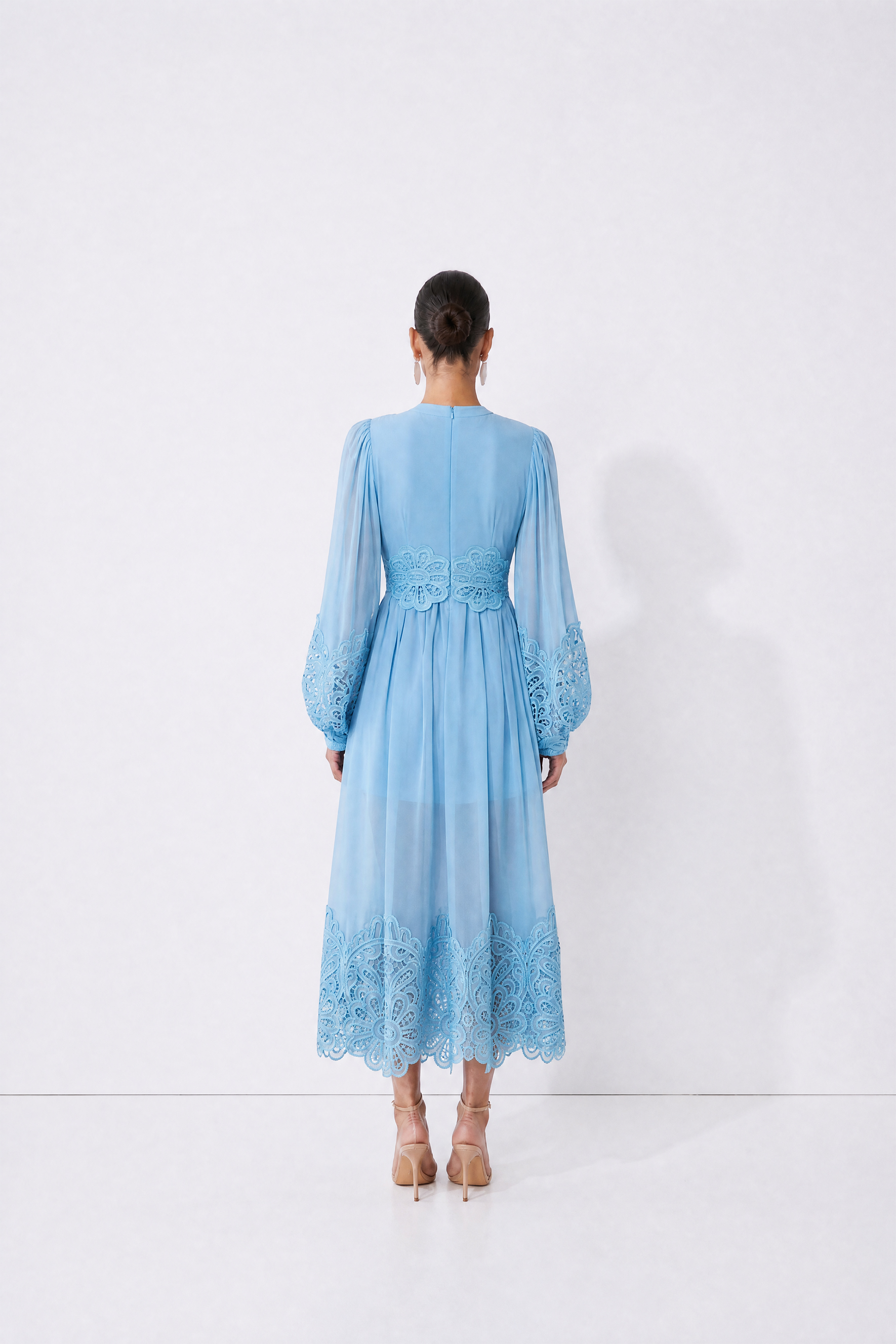Soft Power Blue Bow Neck Lace Trim Maxi Dress