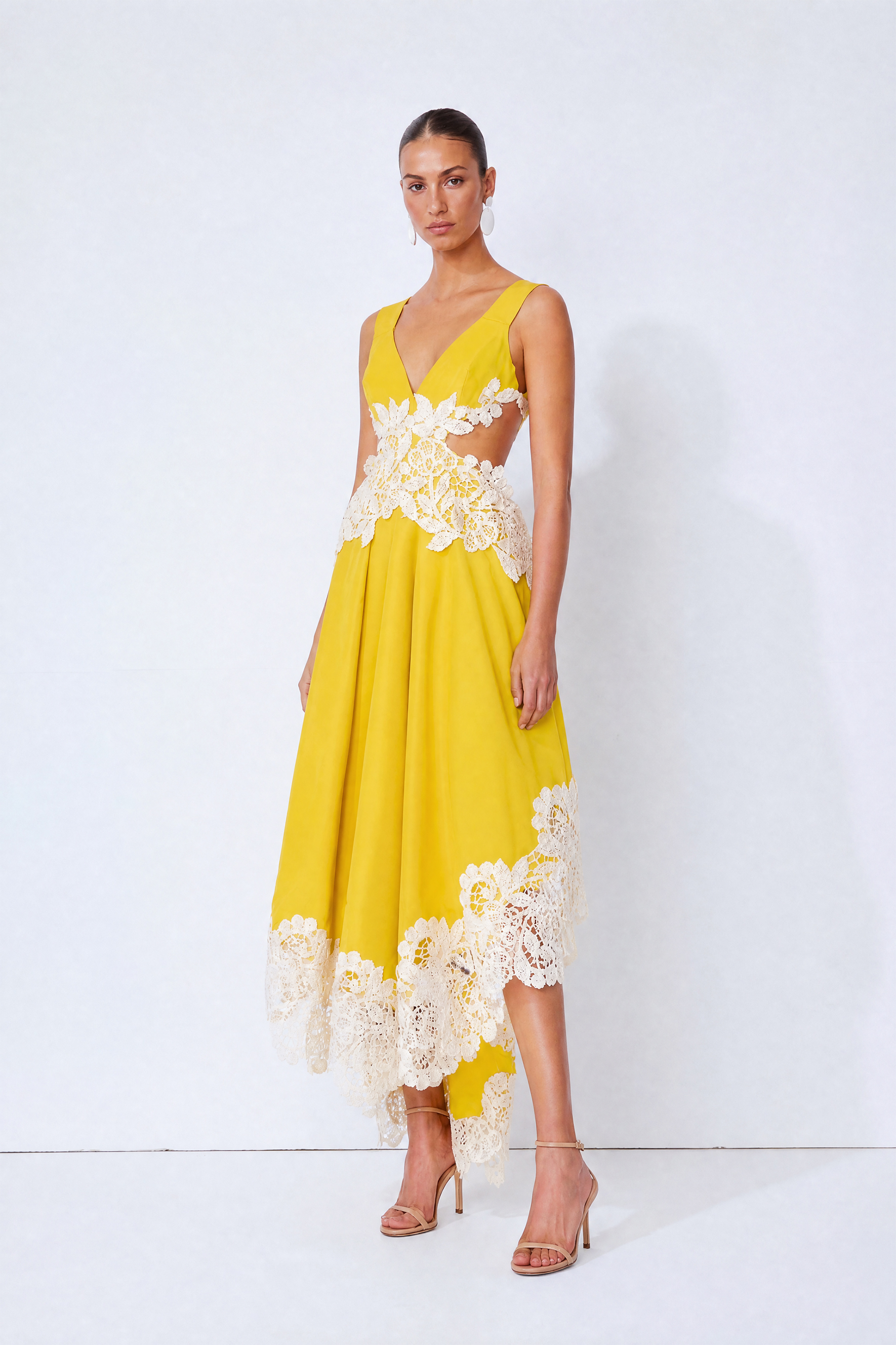 Sweetly Charming Yellow Lace Applique Bow Back Maxi Dress