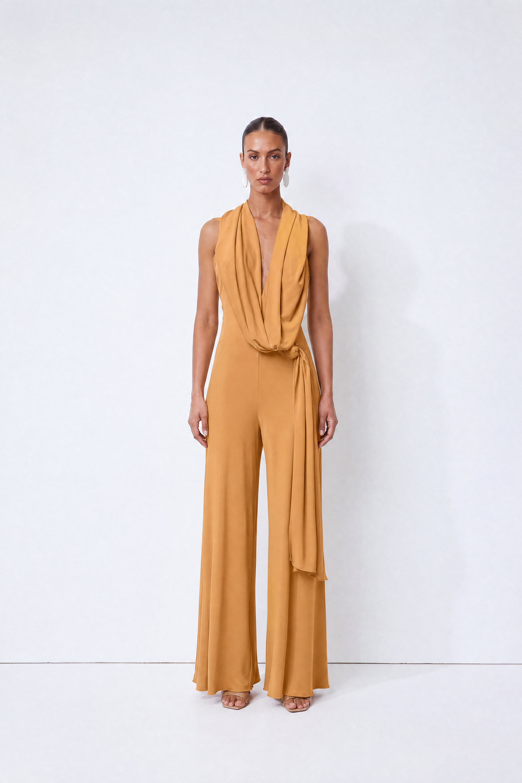 Simply Luminous Mustard Draped Cowl Neck Wide Leg Jumpsuit