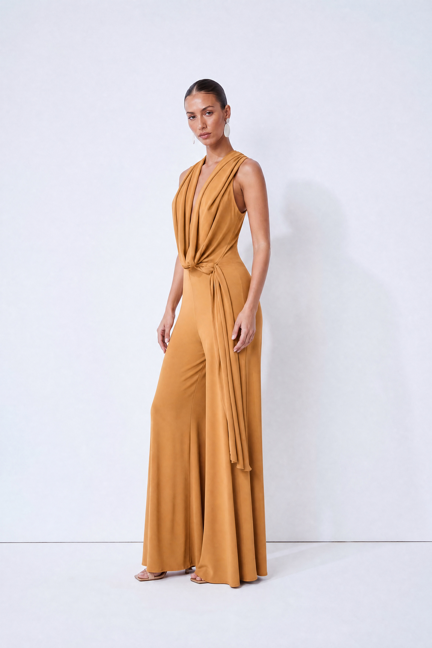 Simply Luminous Mustard Draped Cowl Neck Wide Leg Jumpsuit