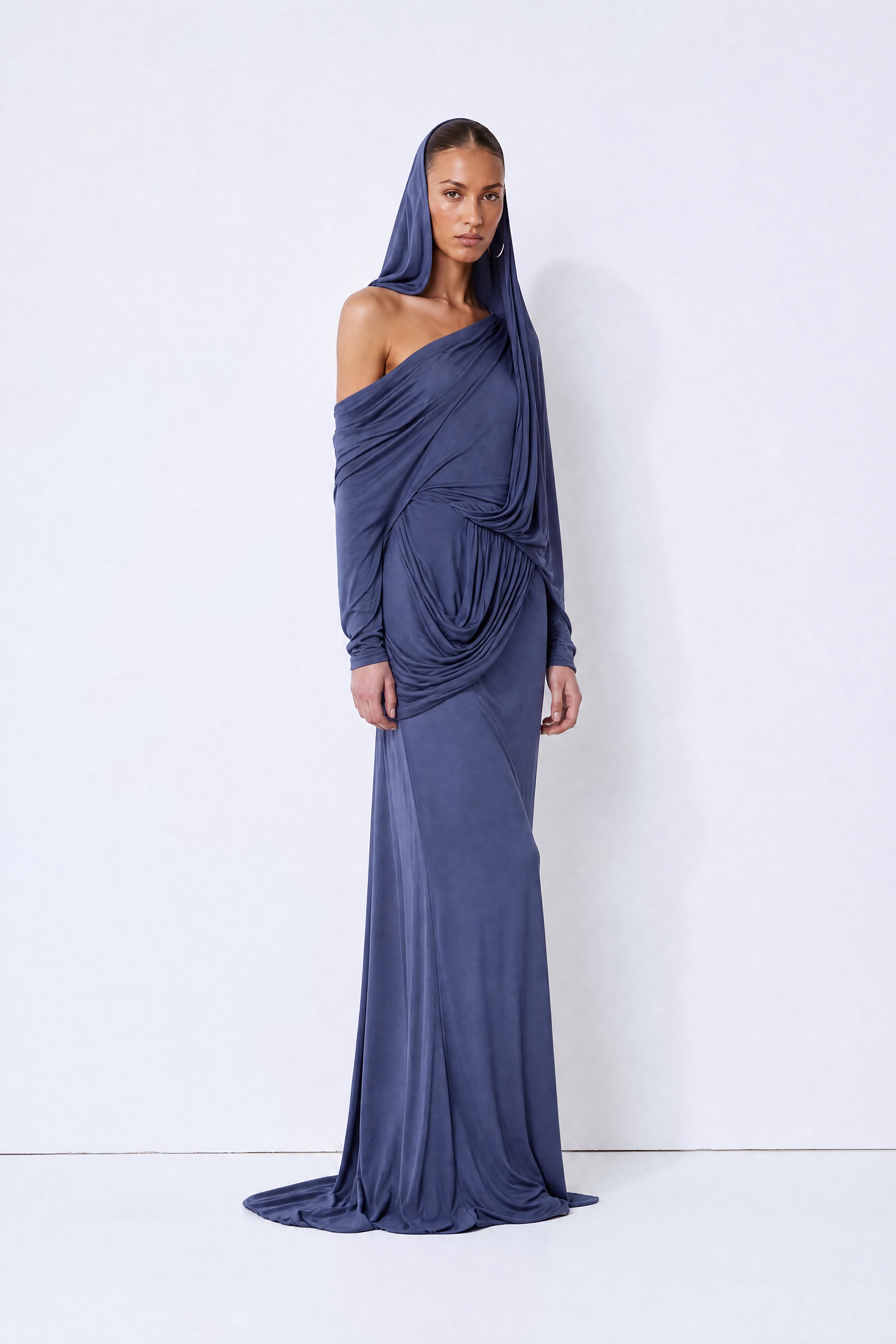 Shadowed Elegance Navy Blue Asymmetric Draped Long Sleeve Maxi Dress