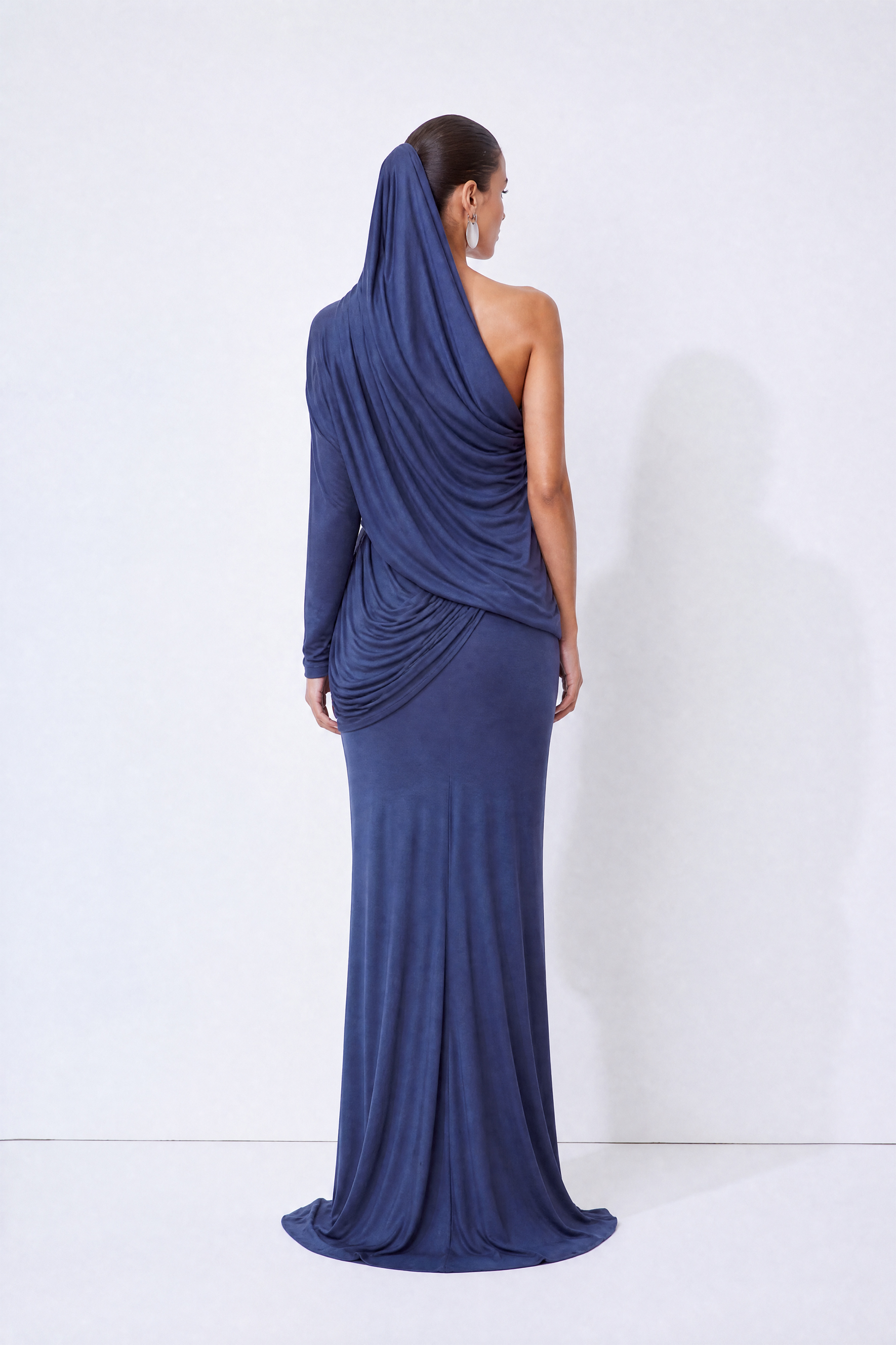 Shadowed Elegance Navy Blue Asymmetric Draped Long Sleeve Maxi Dress