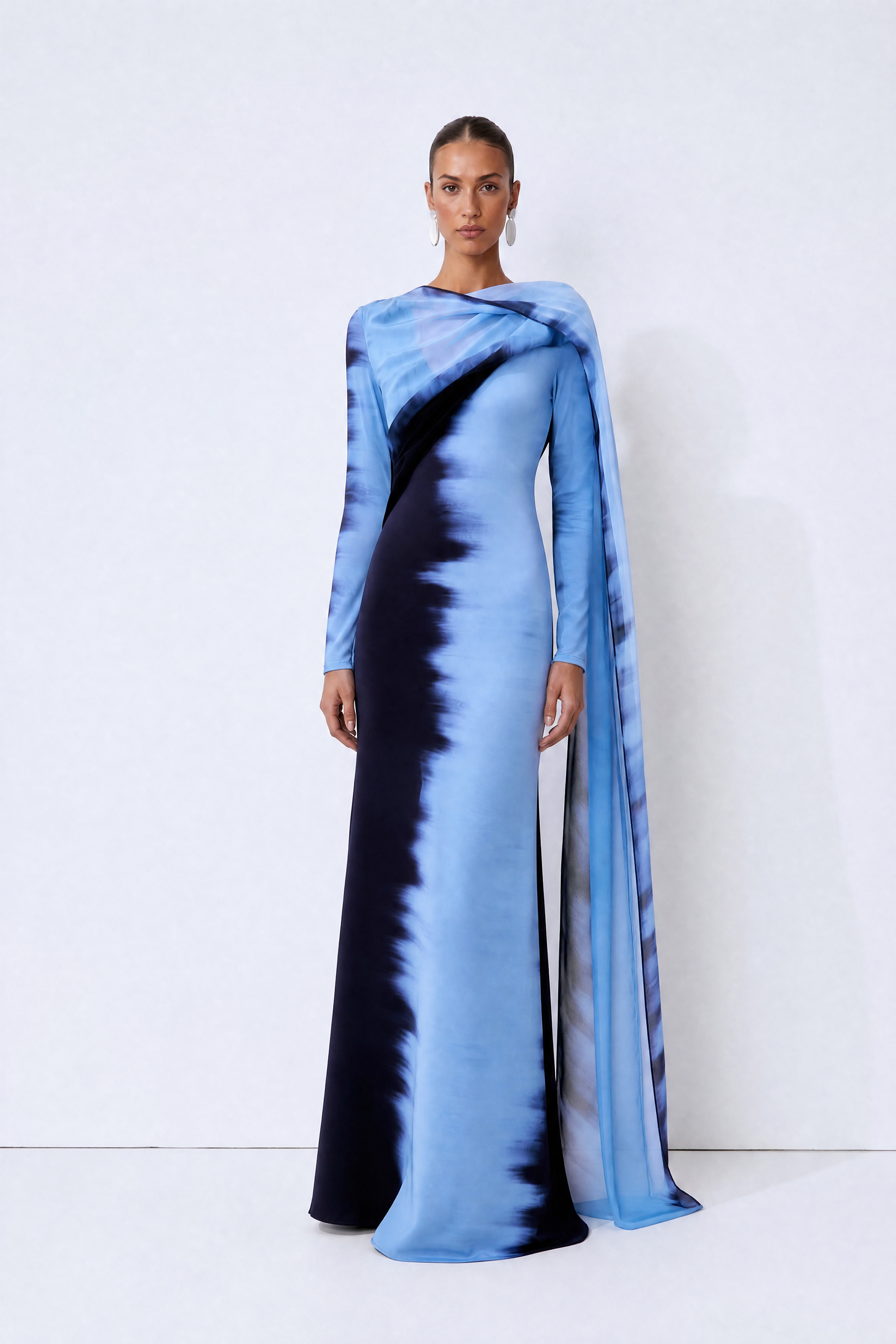 Watercolor Moment Blue Tie-Dye Print Cape Sleeve Maxi Dress