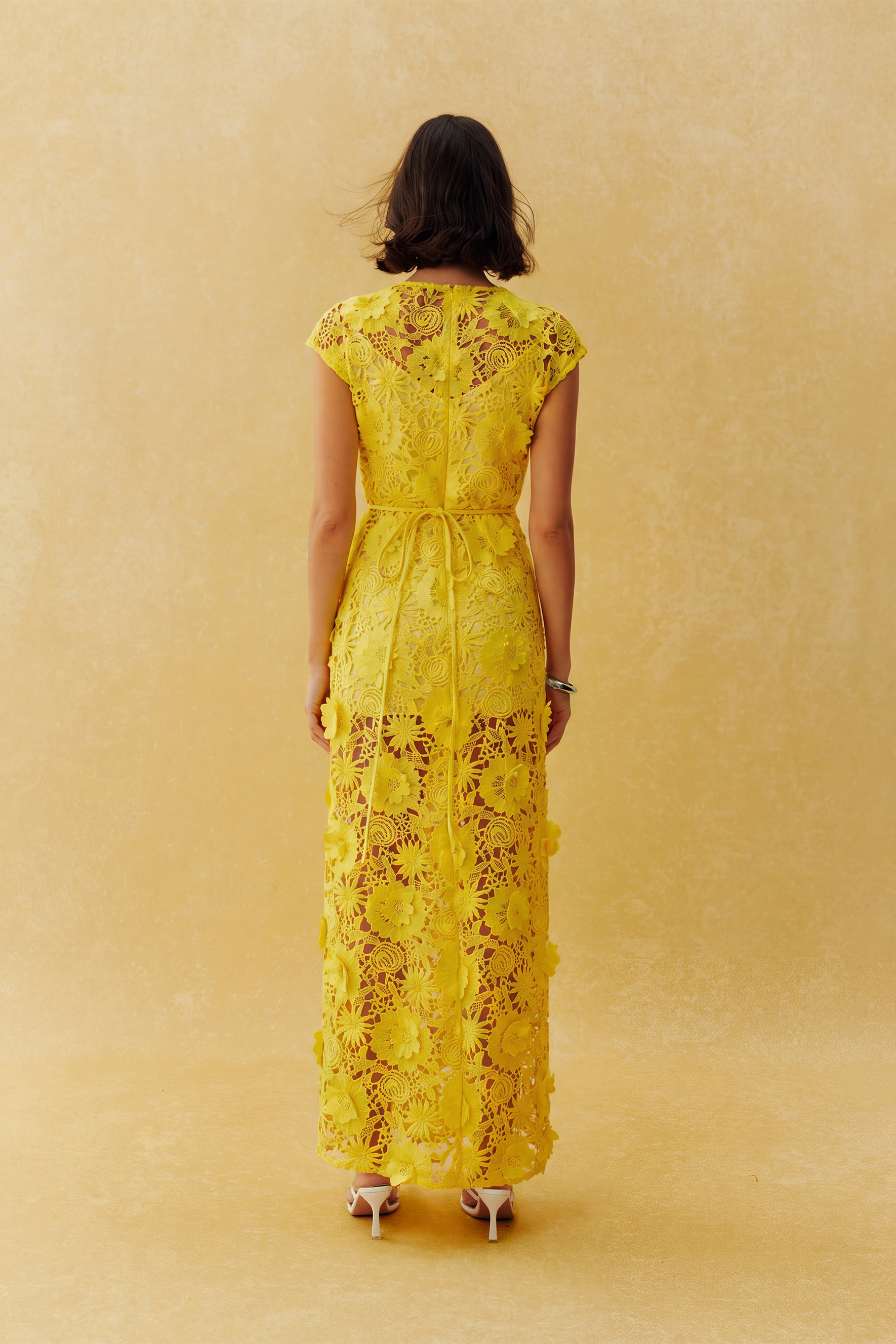 Before The First Kiss Yellow Floral Lace Cap Sleeve Maxi Dress