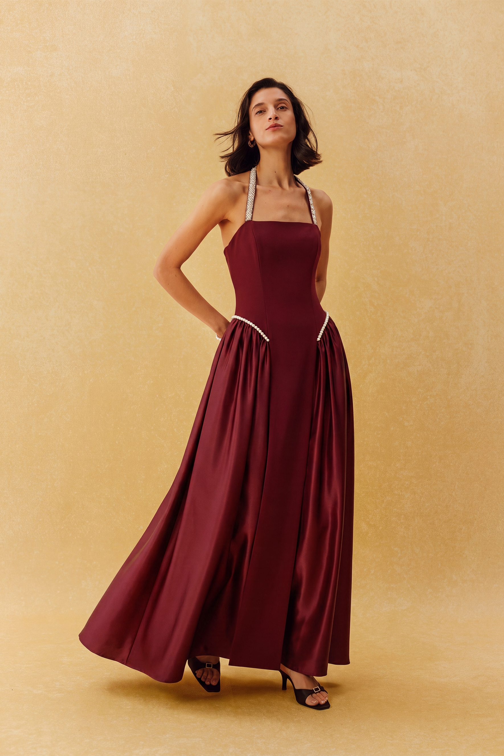 Final Look Burgundy Pearl Embellished Halter Neck Maxi Dress