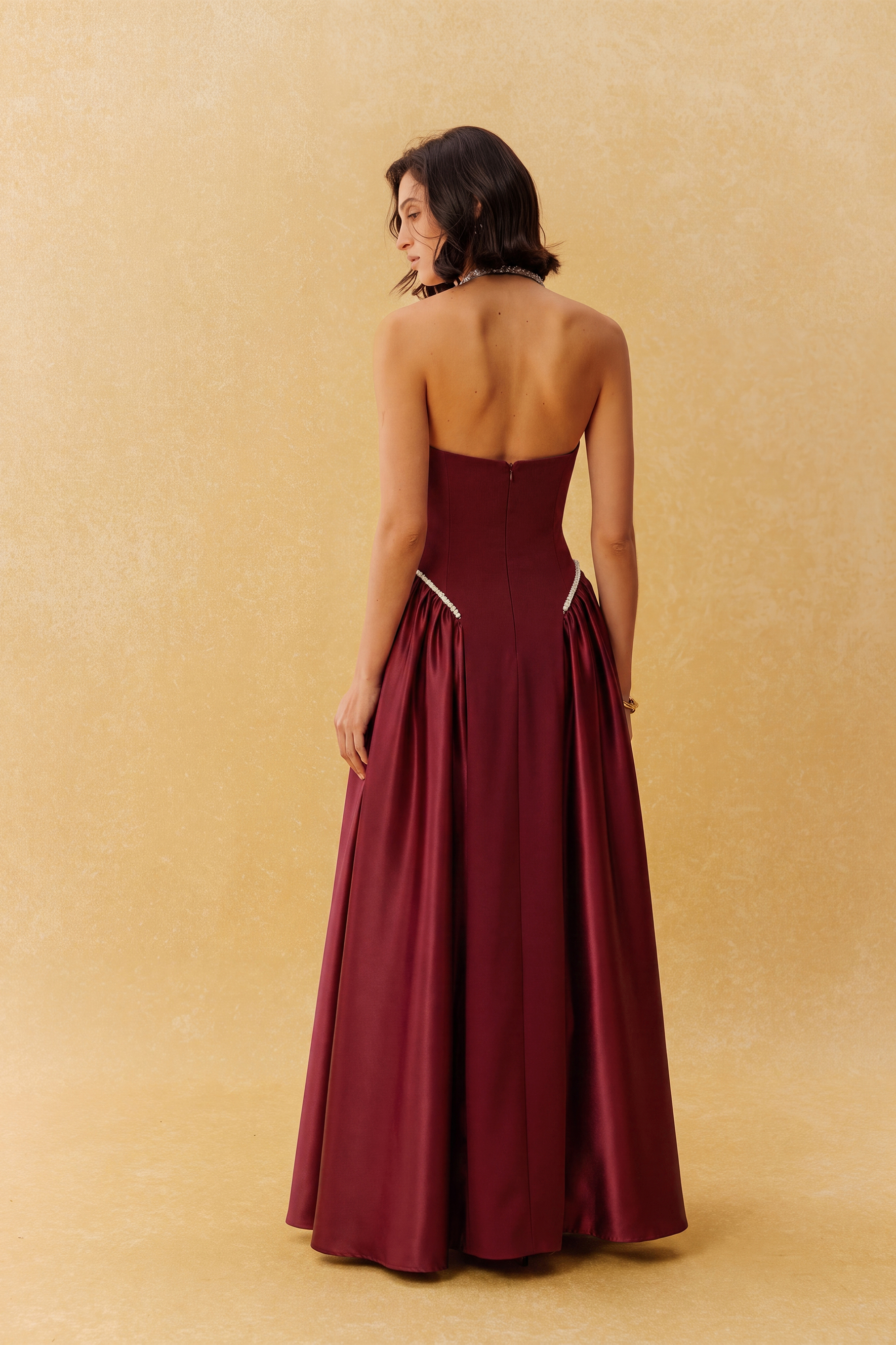 Final Look Burgundy Pearl Embellished Halter Neck Maxi Dress