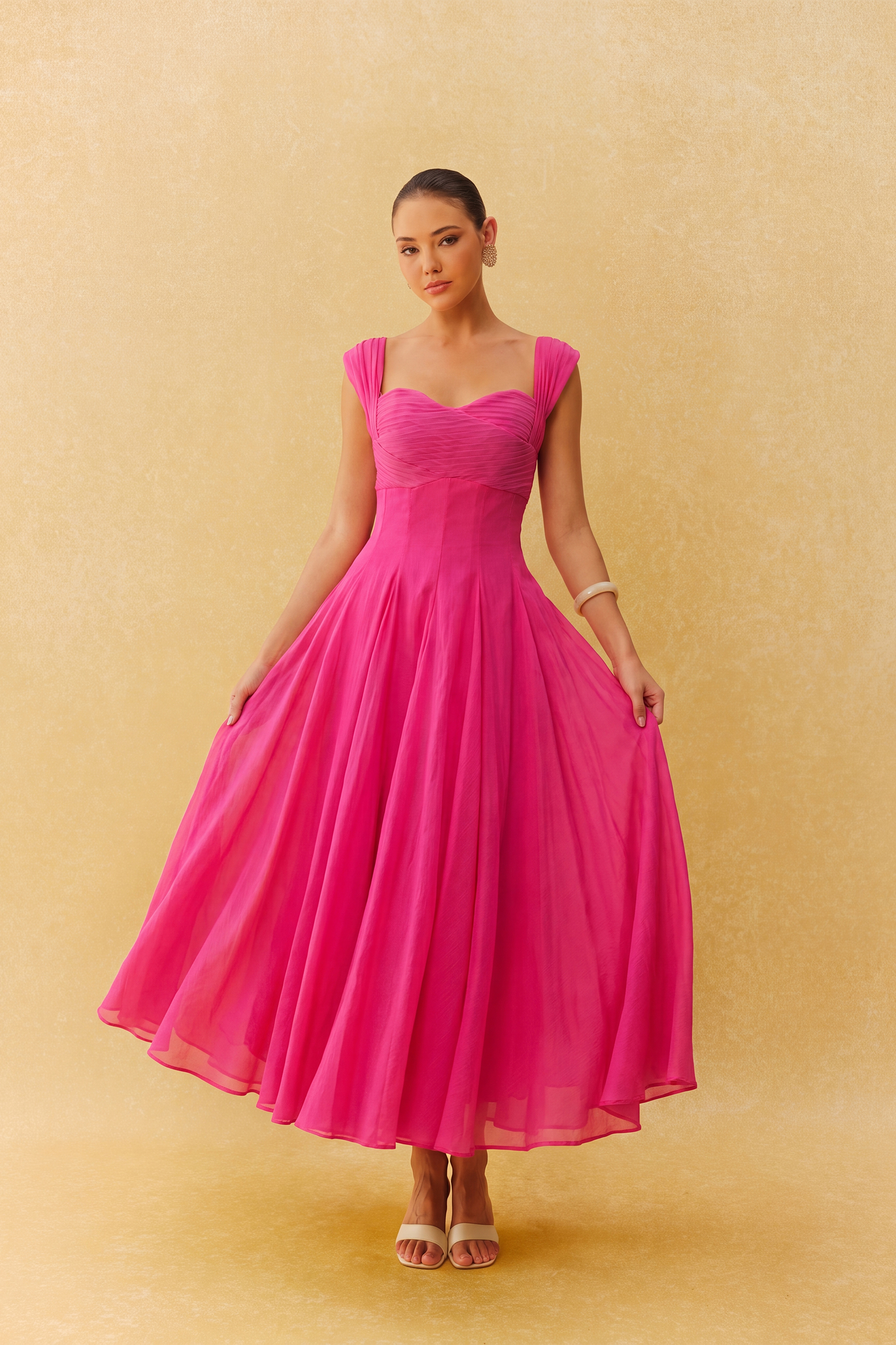 Little Moment Hot Pink Cap Sleeve Pleated Bodice Maxi Dress