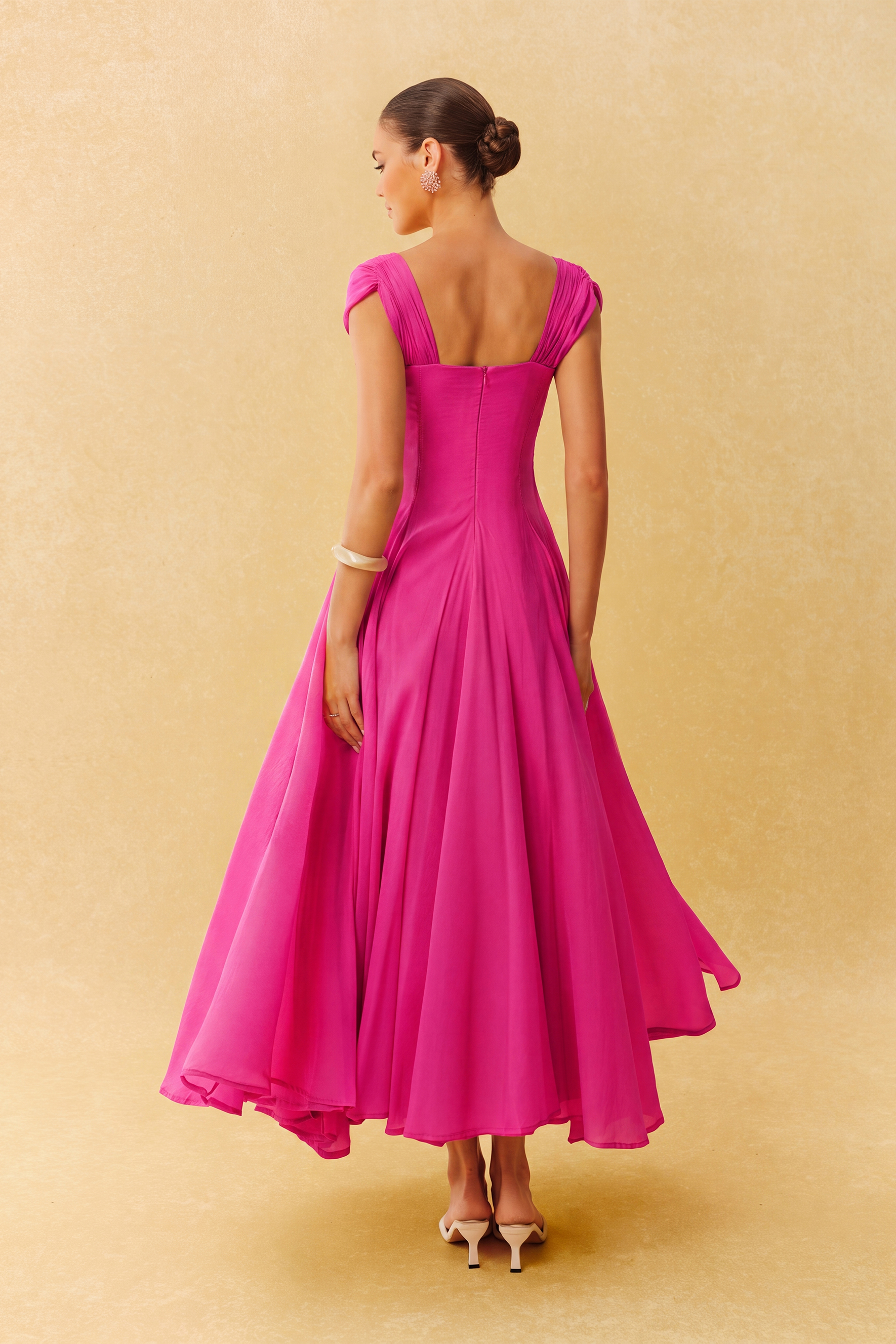 Little Moment Hot Pink Cap Sleeve Pleated Bodice Maxi Dress