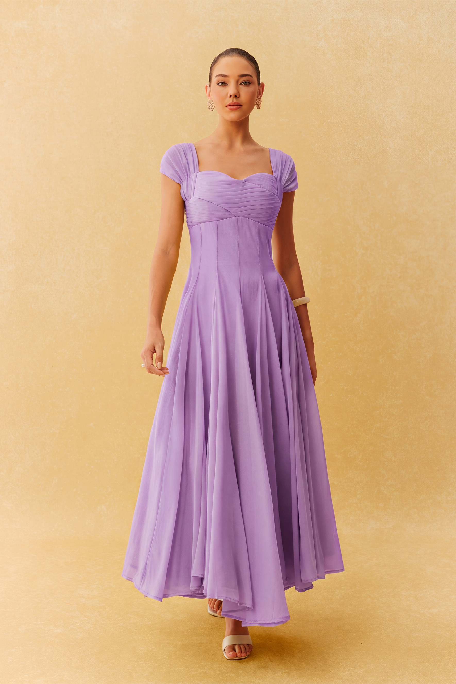 Little Moment Purple Cap Sleeve Pleated Bodice Maxi Dress