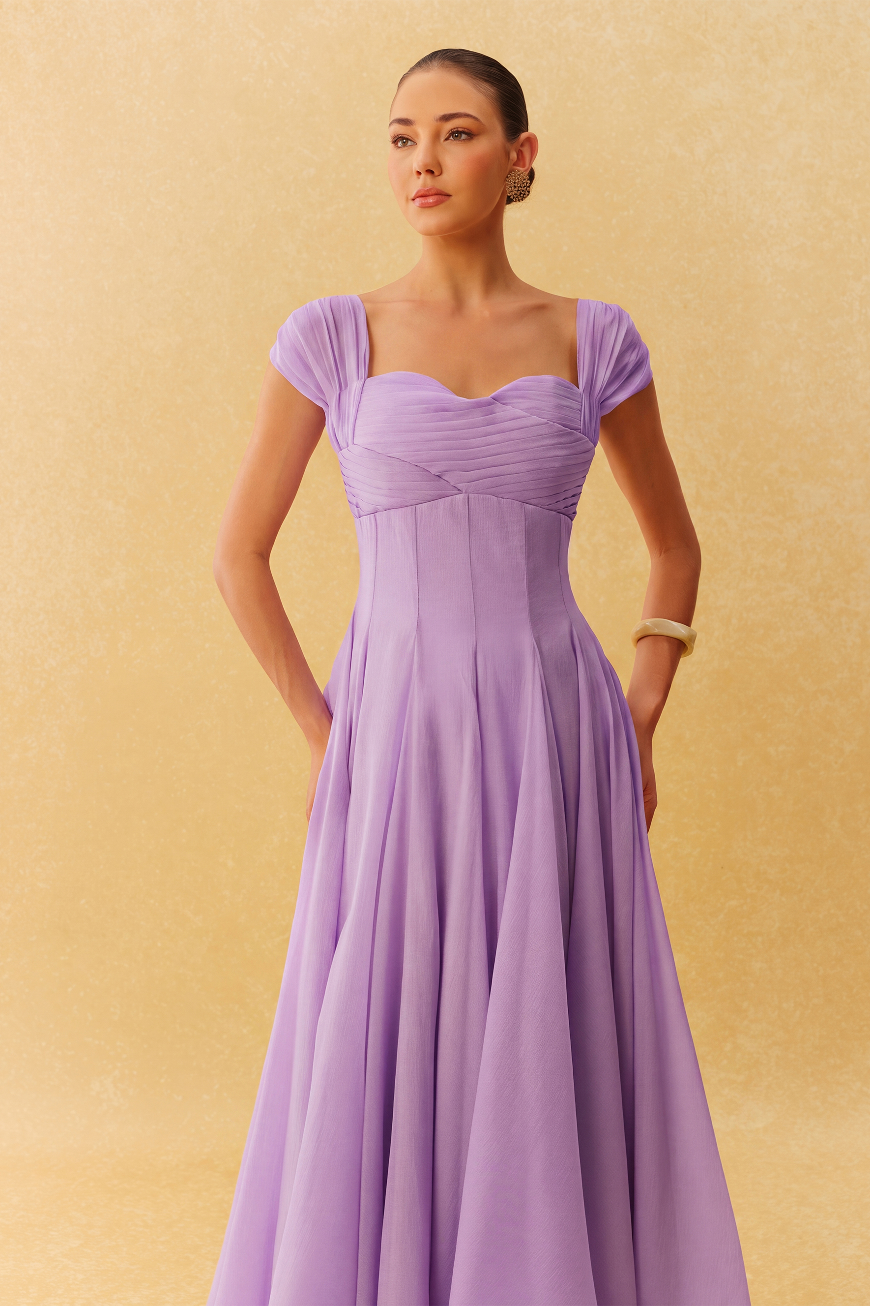 Little Moment Purple Cap Sleeve Pleated Bodice Maxi Dress