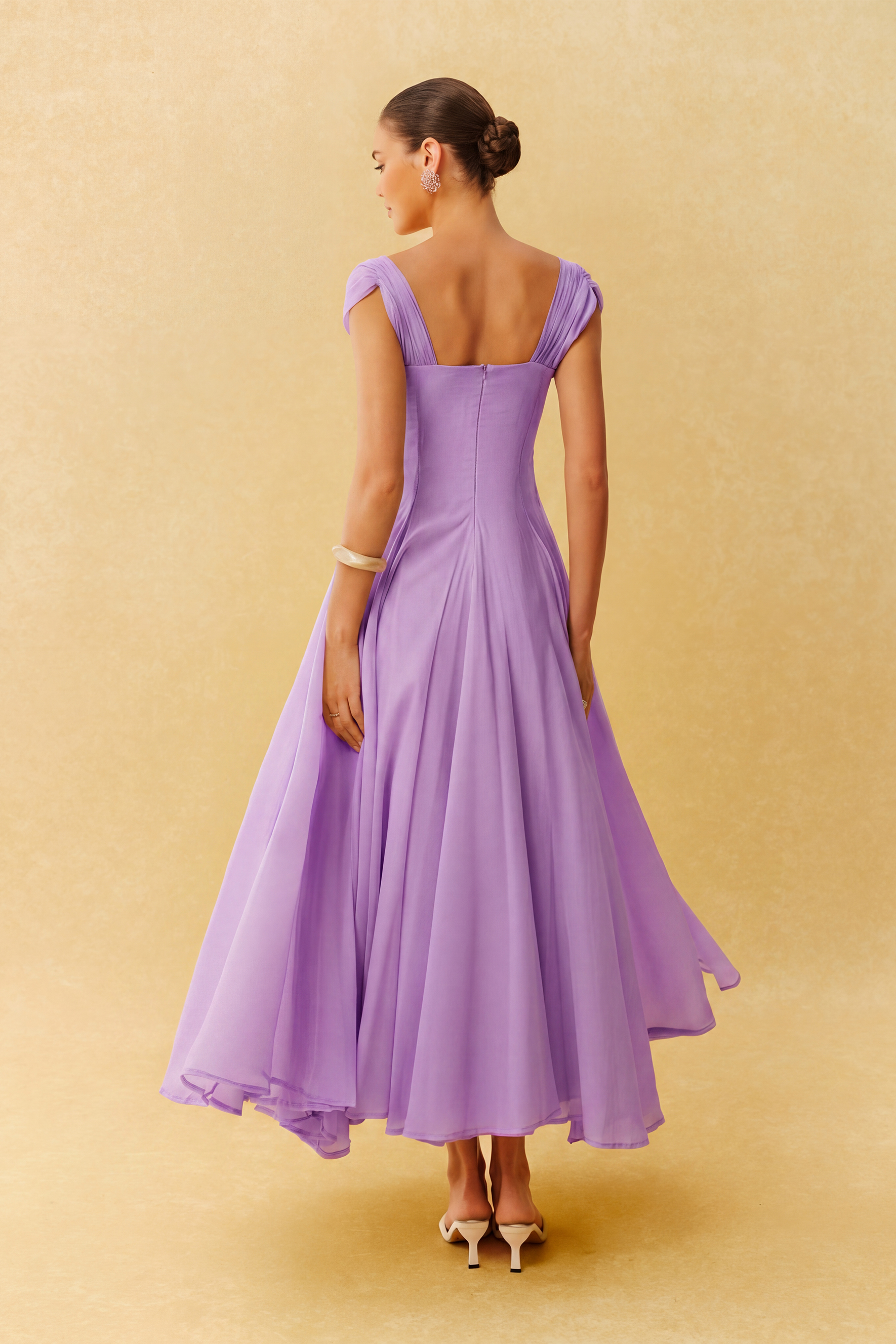 Little Moment Purple Cap Sleeve Pleated Bodice Maxi Dress