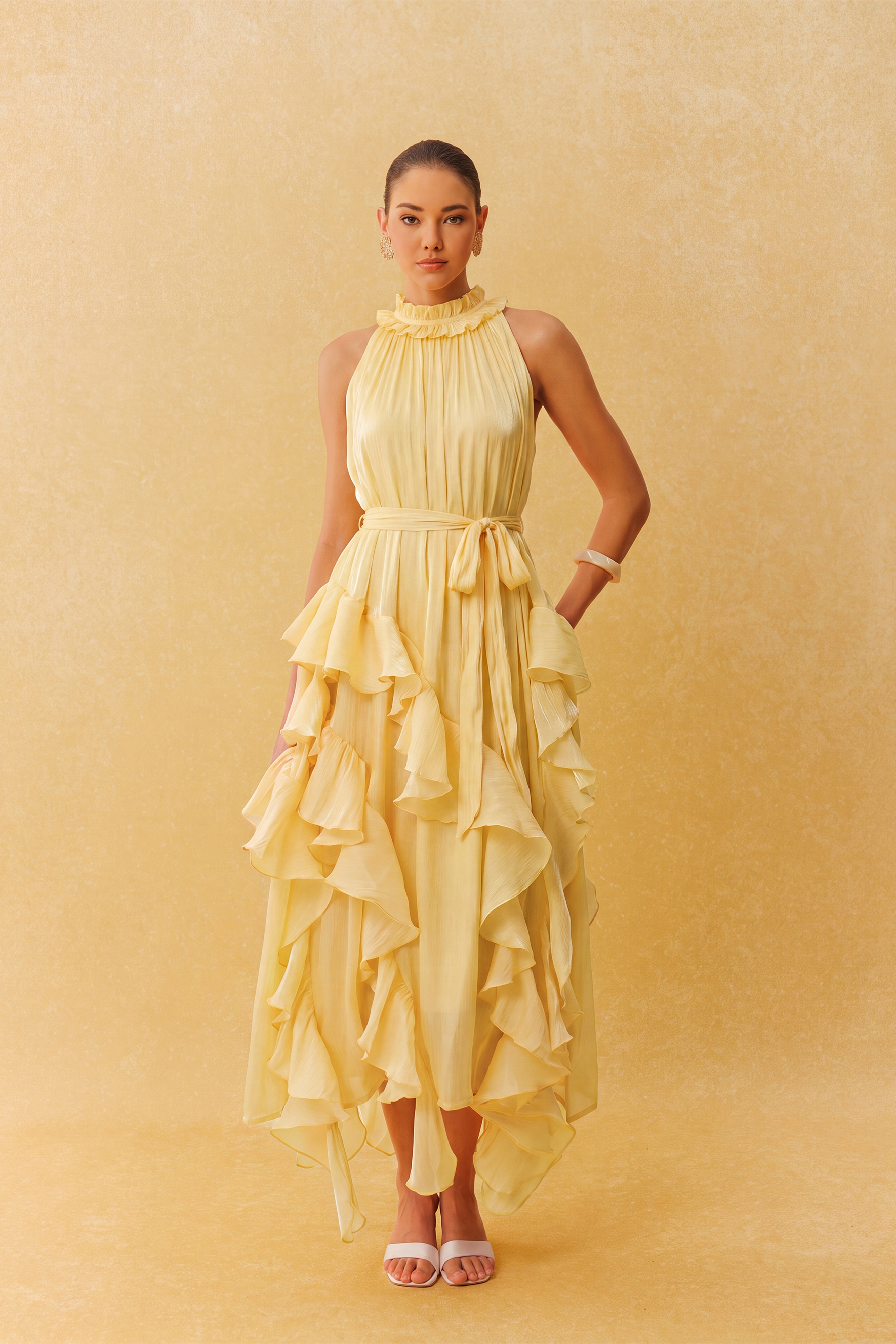 Lighthearted Days Yellow Ruffled Halter Neck Maxi Dress