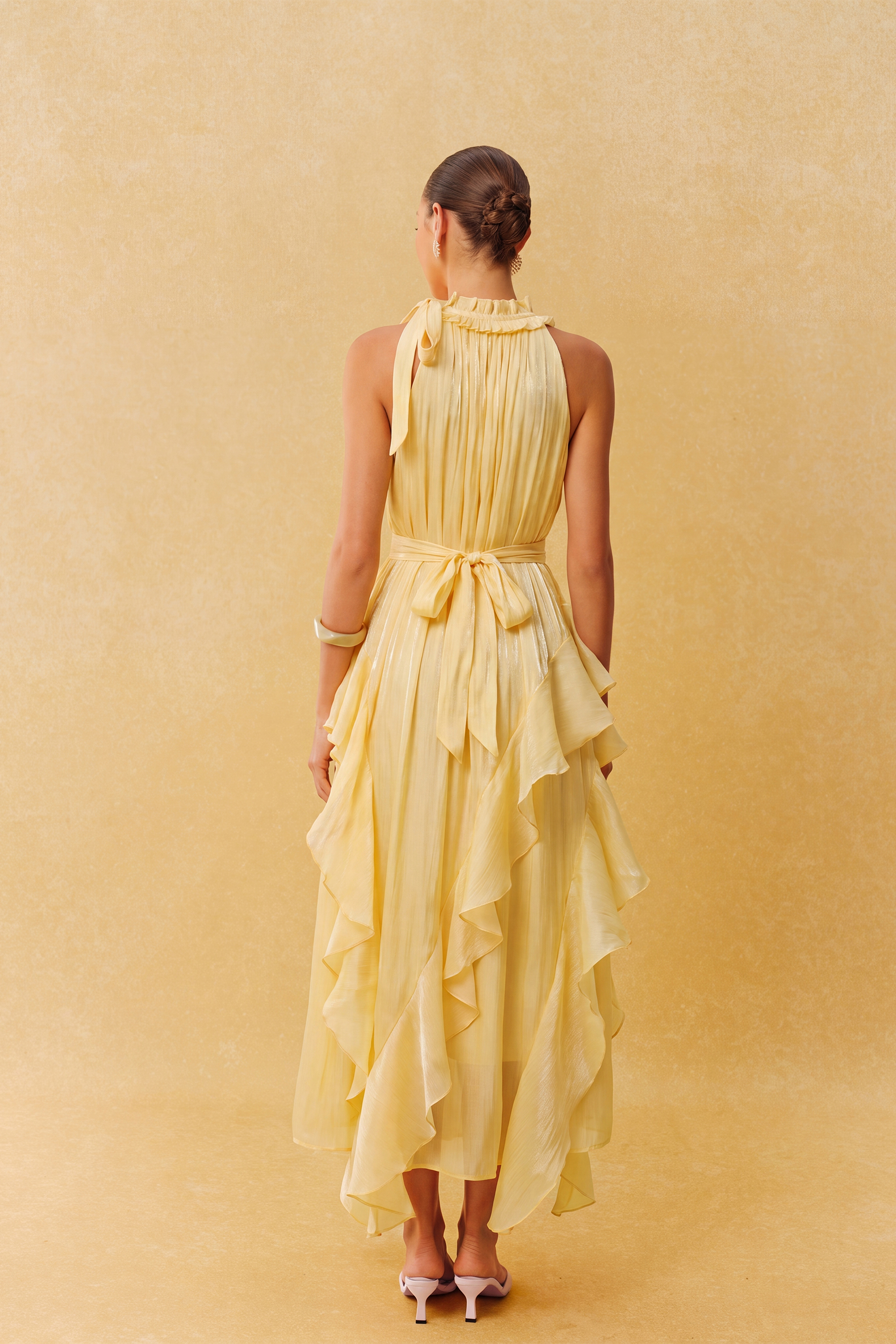 Lighthearted Days Yellow Ruffled Halter Neck Maxi Dress