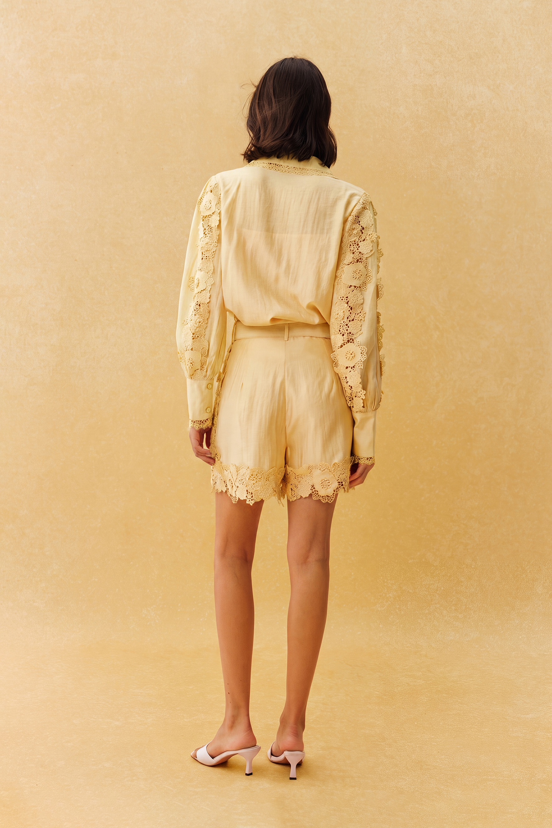 Day Breeze Beige Floral Lace Long Sleeve Top & Short Set