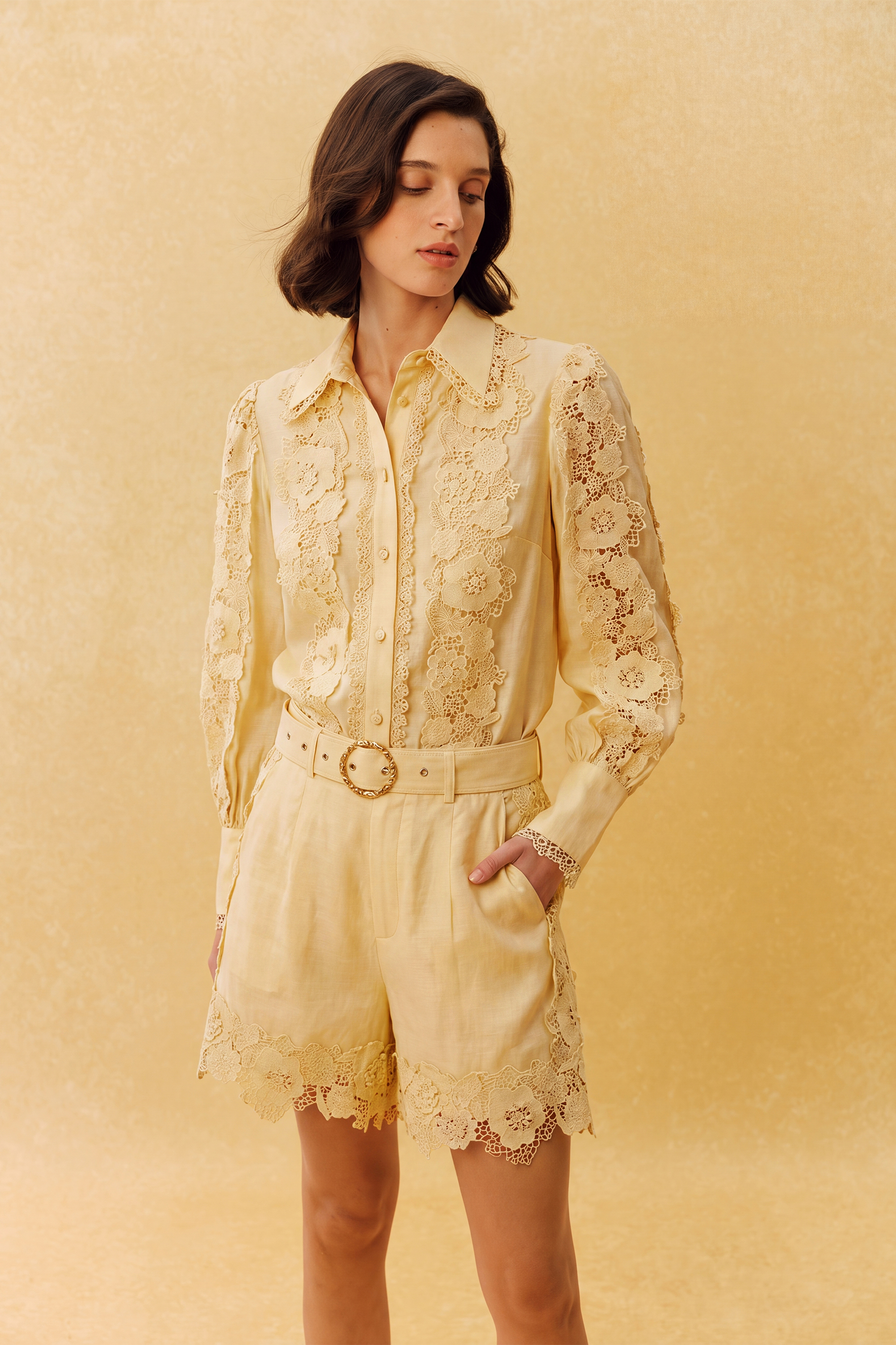 Day Breeze Beige Floral Lace Long Sleeve Top & Short Set
