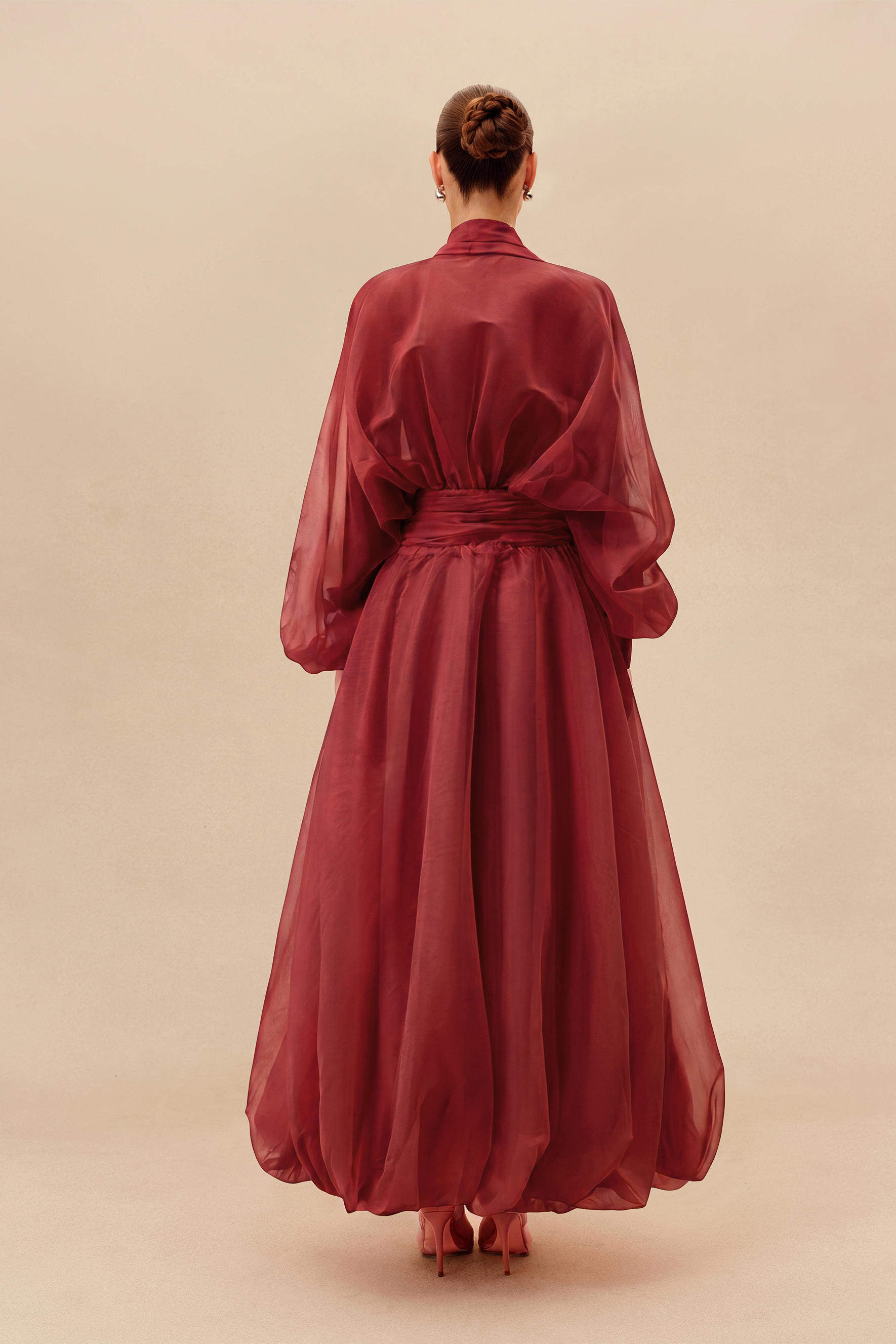 Elegant Moment Burgundy Deep V-neck Puff Sleeve Maxi Dress