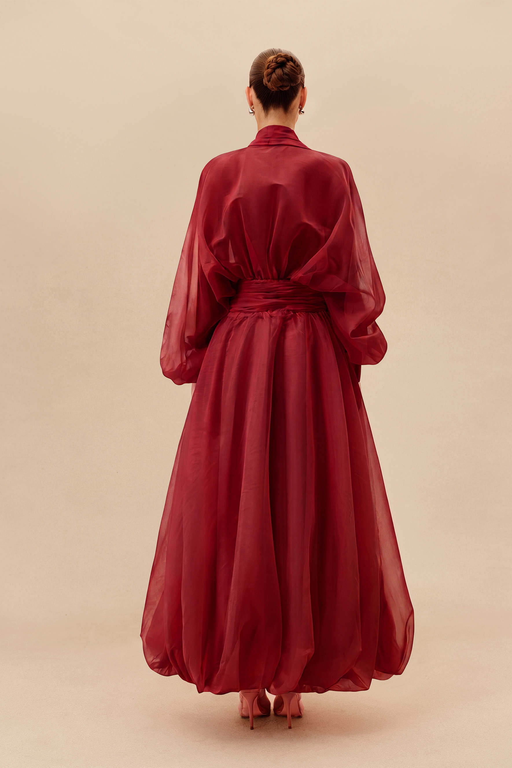 Elegant Moment Burgundy Deep V-neck Puff Sleeve Maxi Dress