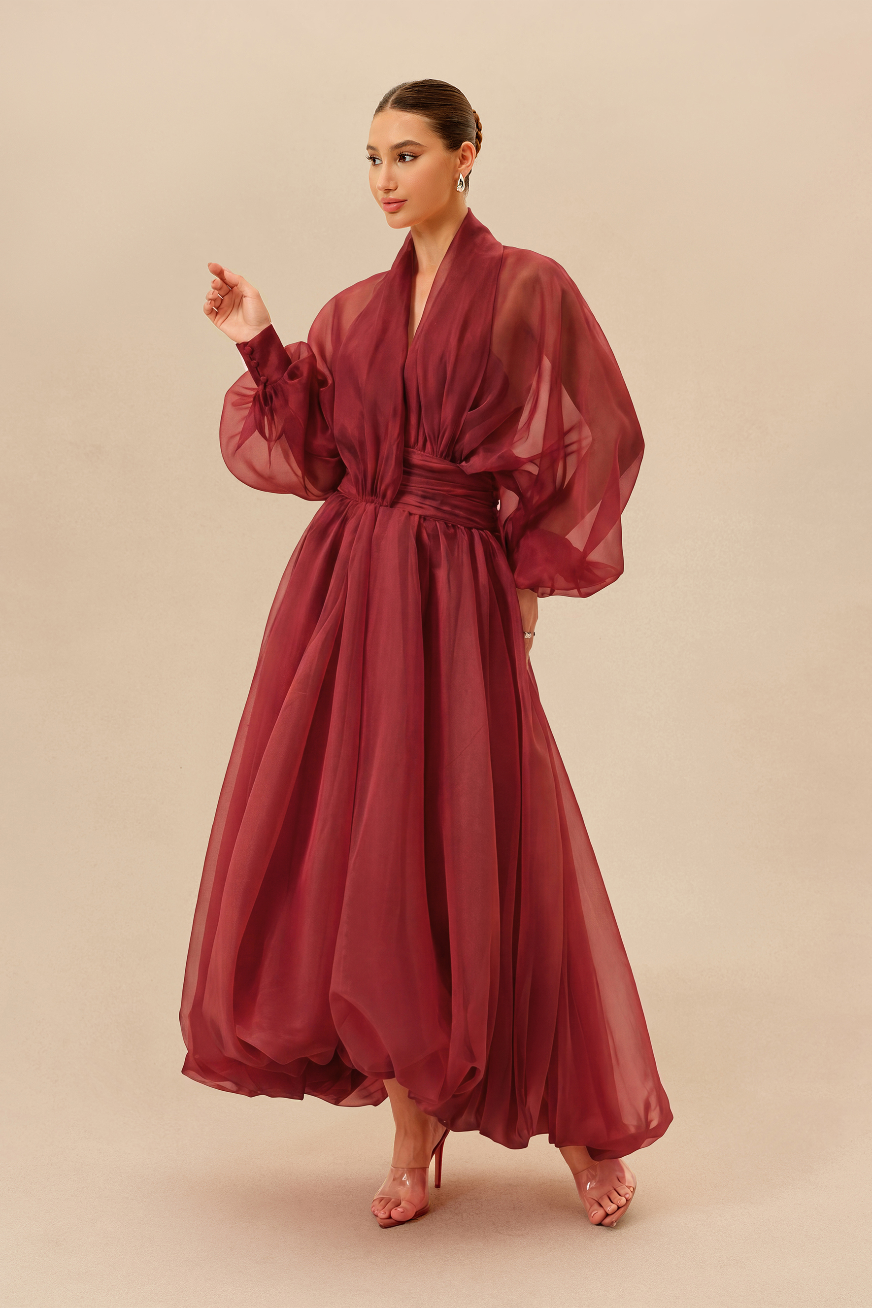 Elegant Moment Burgundy Deep V-neck Puff Sleeve Maxi Dress