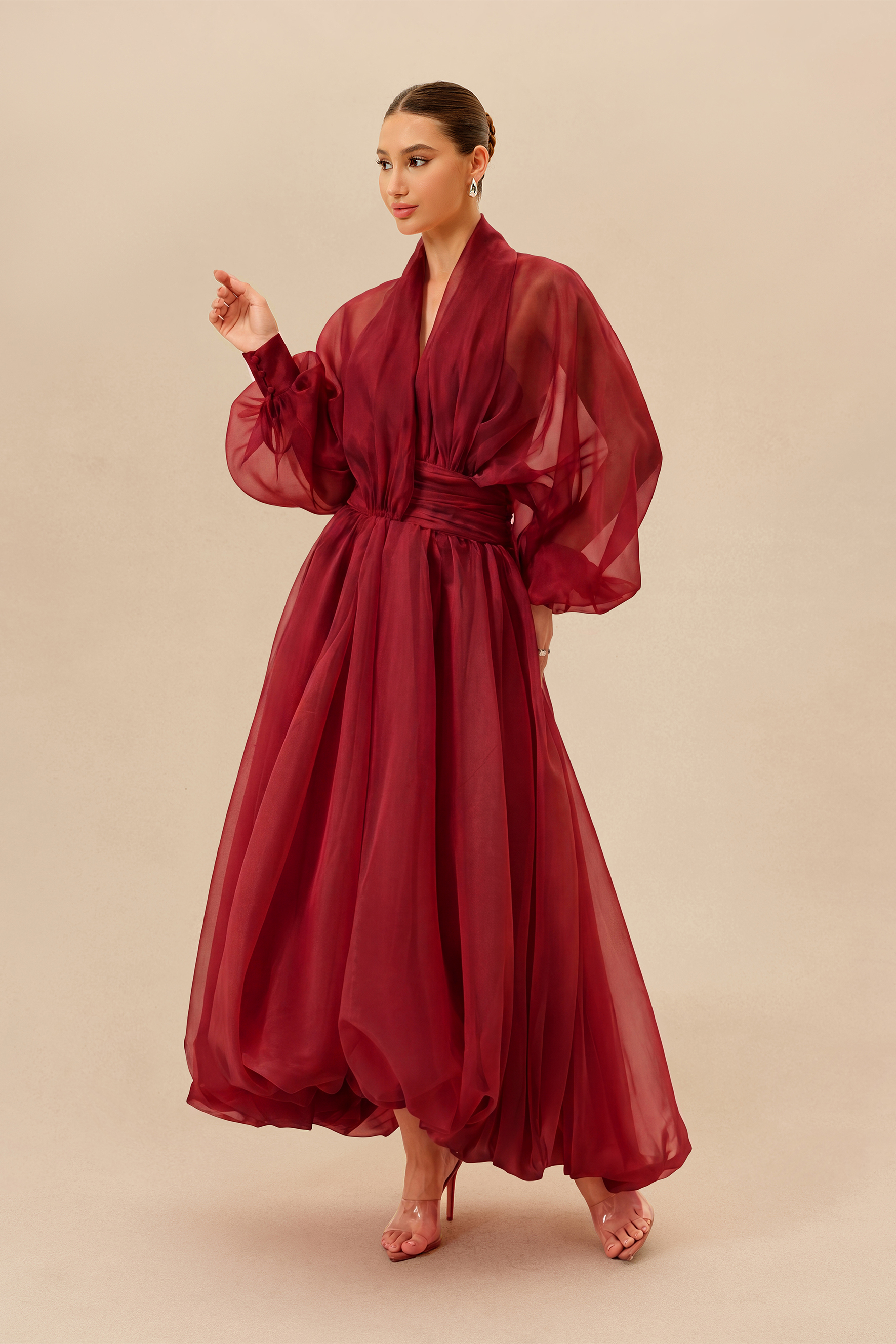 Elegant Moment Burgundy Deep V-neck Puff Sleeve Maxi Dress