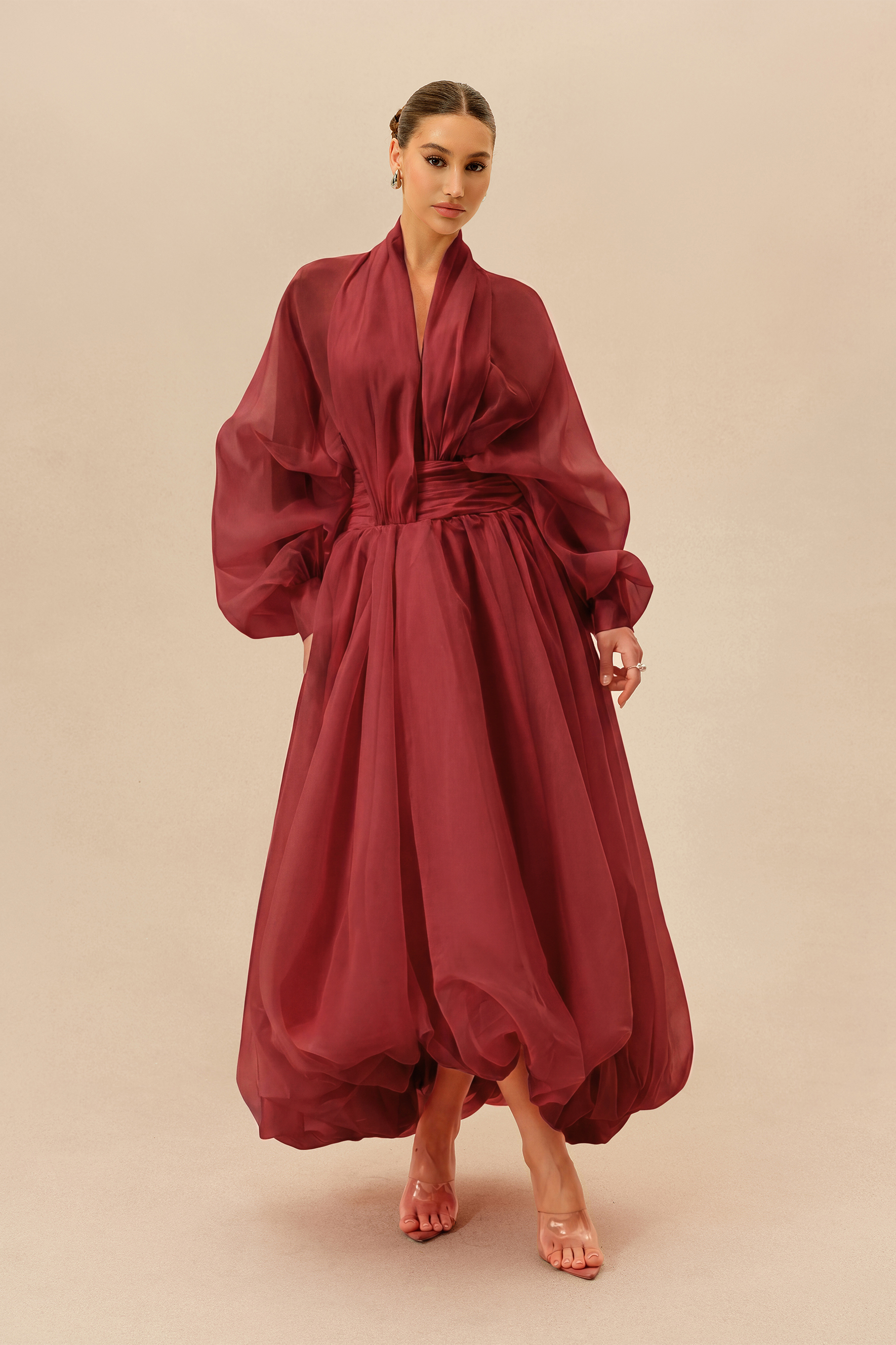 Elegant Moment Burgundy Deep V-neck Puff Sleeve Maxi Dress