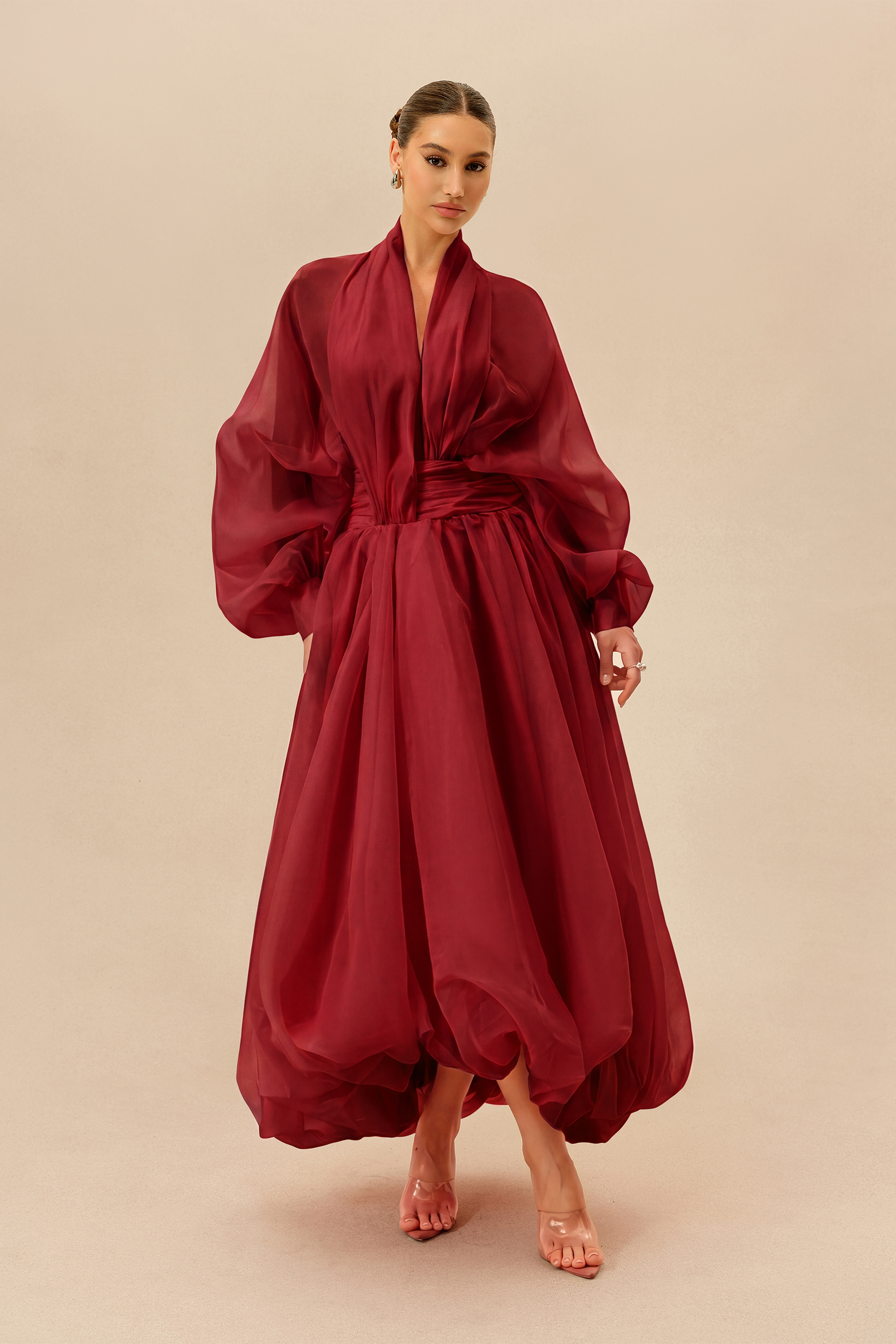 Elegant Moment Burgundy Deep V-neck Puff Sleeve Maxi Dress