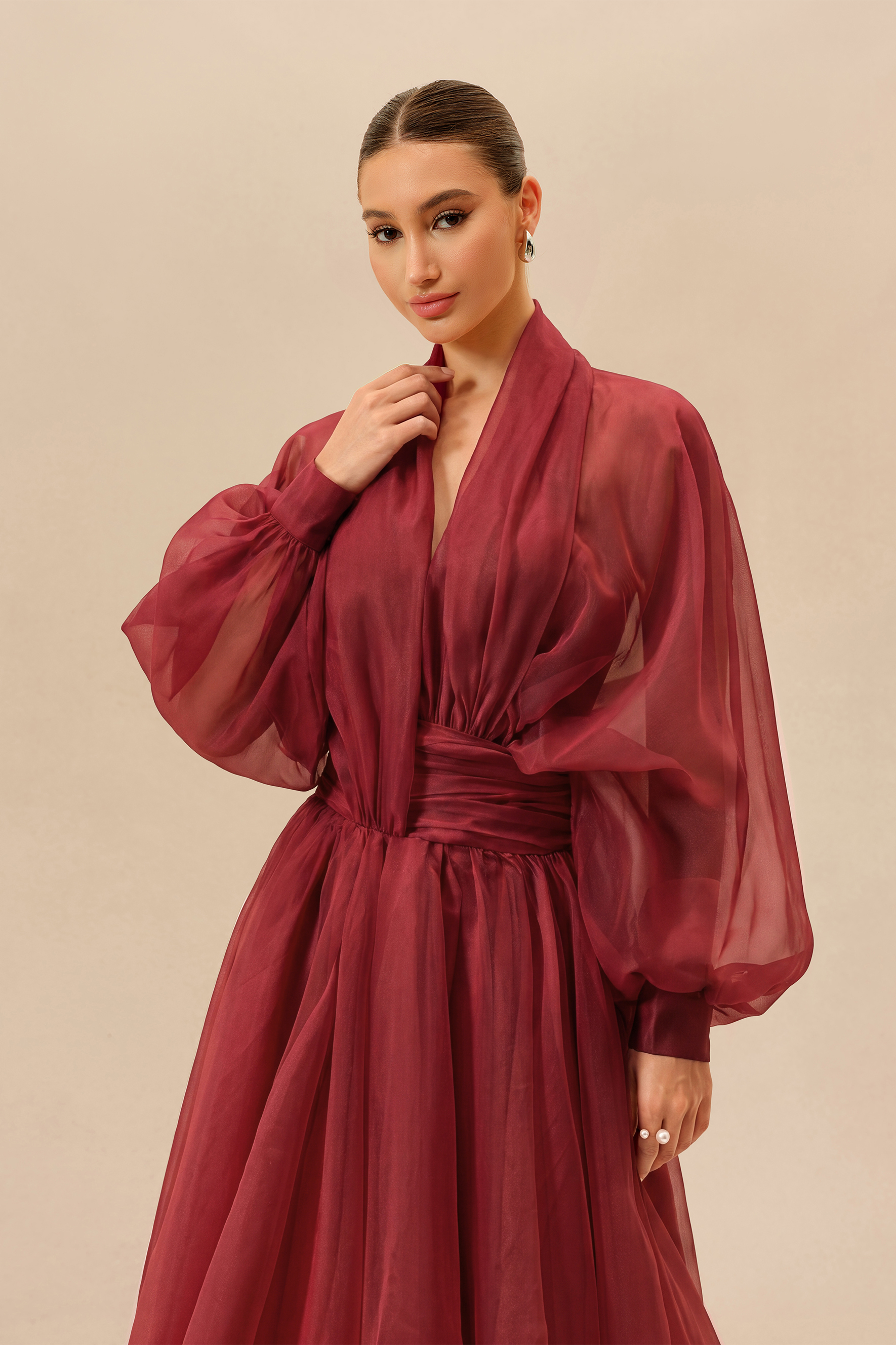 Elegant Moment Burgundy Deep V-neck Puff Sleeve Maxi Dress