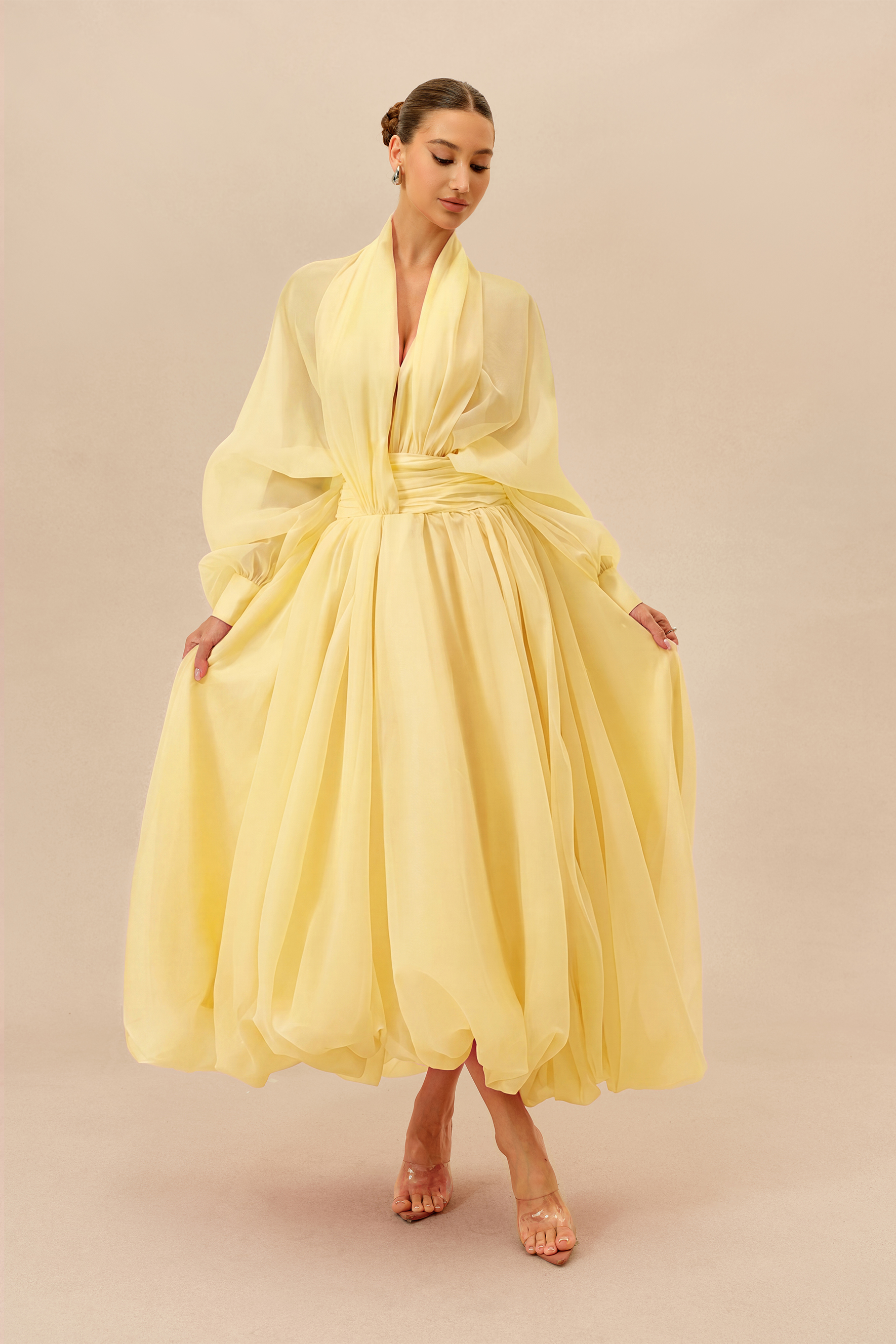 Elegant Moment Yellow Deep V-neck Puff Sleeve Maxi Dress