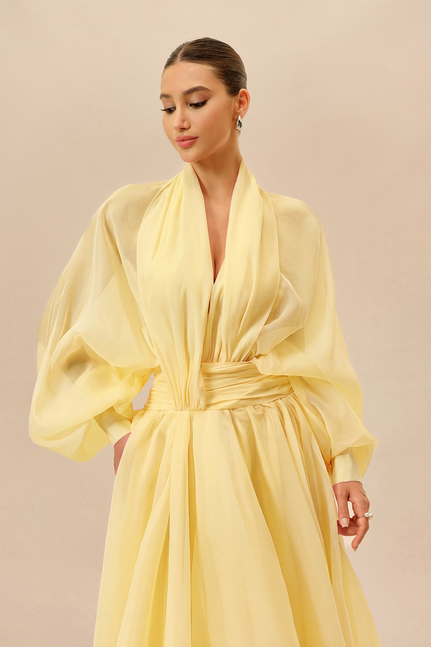 Elegant Moment Yellow Deep V-neck Puff Sleeve Maxi Dress